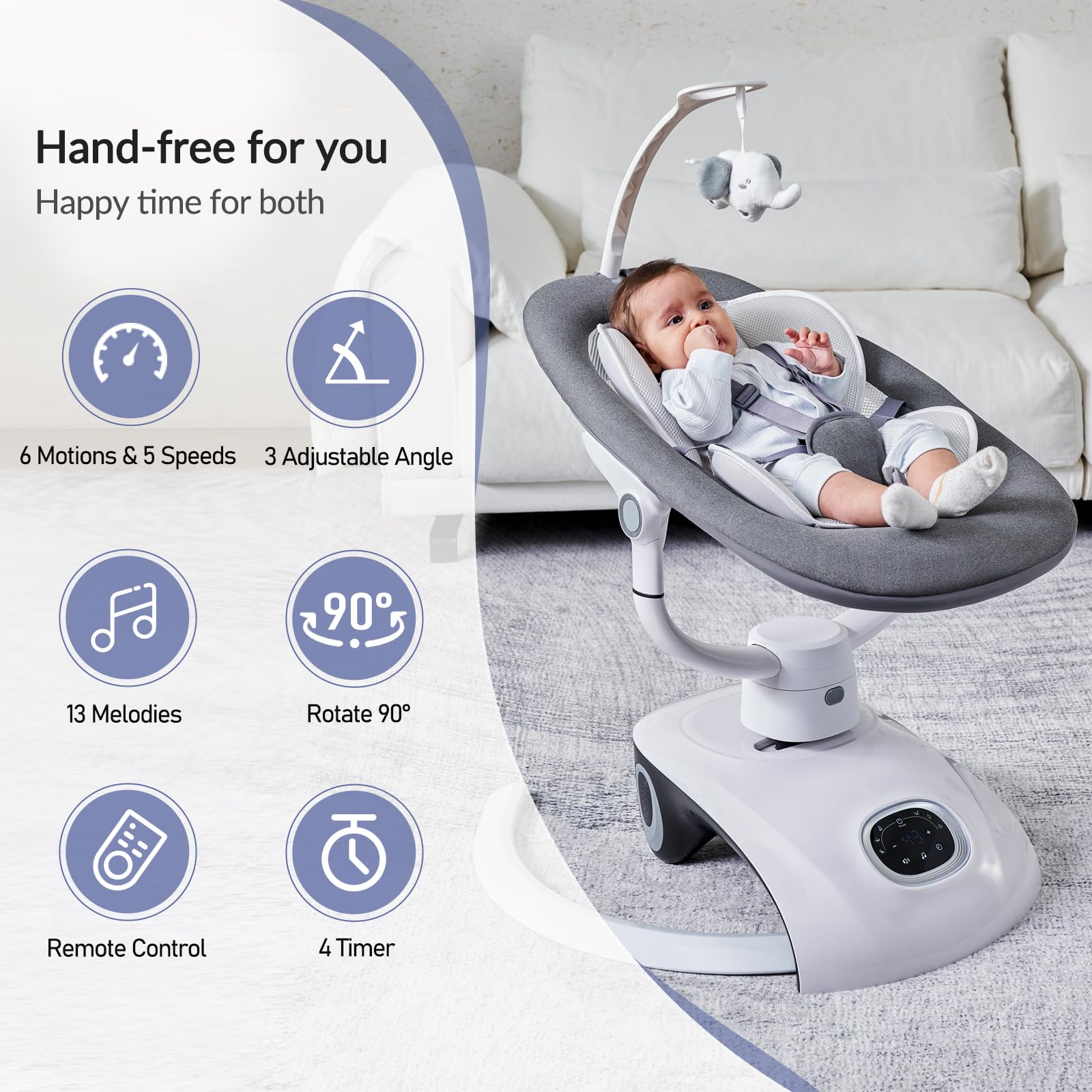 VaVaSoo Baby Swing for Infants Electric Automatic Multi Motion Newborn for Girl & Boy with Remote Control, 5 Speed, 13 Melodies, Light Gray