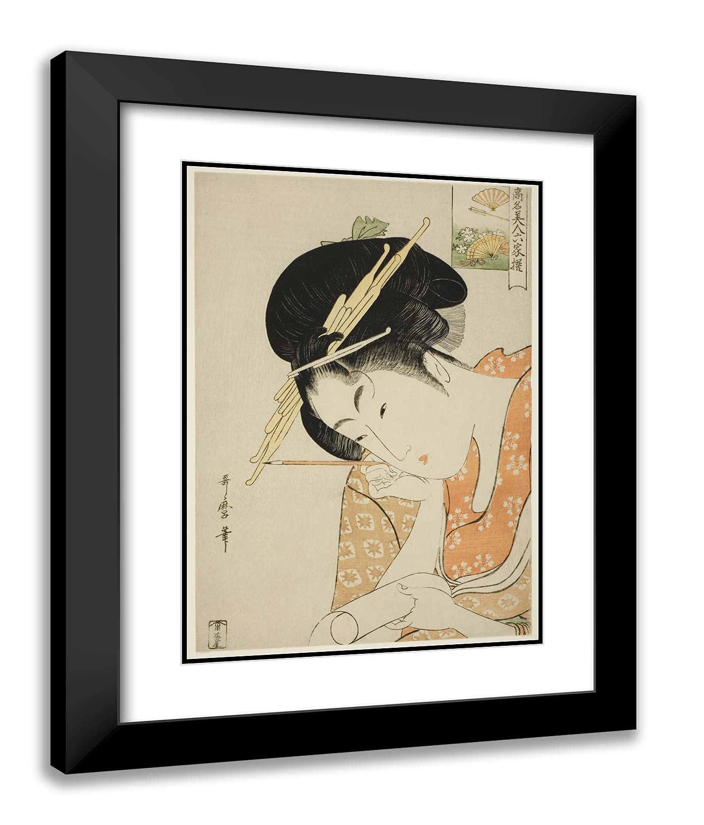ArtDirect Kitagawa Utamaro 19x24 Black Modern Framed and Double Matted Art Print Titled Hanaogi of The Ogiya, from The Series Renowned Beauties Likened to The S