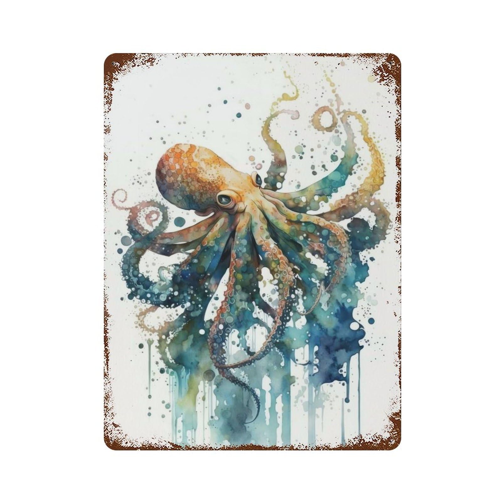 Octopus in Watercolor Rusty Metal Tin Sign 15.7"x11.8", for Living Room, Hallway And Home Decor, Old School Wall Decor