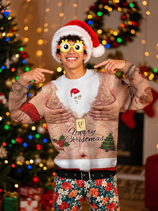 sanatty Unisex Topless Ugly Christmas Sweatshirt Novelty 3D Funny Design Sweater Shirt for Xmas