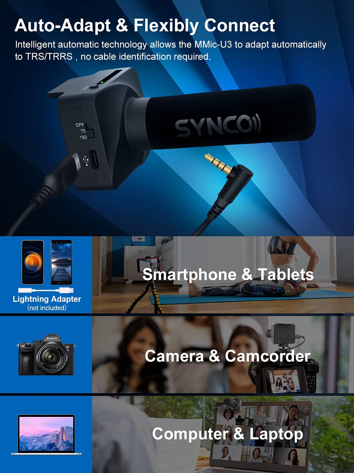SYNCO Microfono direzionale per smartphone, microfono direzionale DSLR, 3,5 mm TRS/TRRS, Gain-Control, 75/150Hz Low Cut, monitoraggio audio, piastra magnetica per cellulare, fotocamera Canon, Nikon