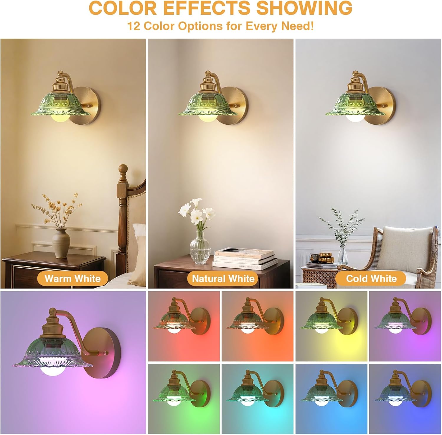 Redluck Battery Operated Wall Sconce with Remote Control, Vintage Green Glass Wireless Wall sconces Set of Two, Rechargeable Battery Powered Wall Lamp for Bedside Bedroom Living Room Hallway Decor