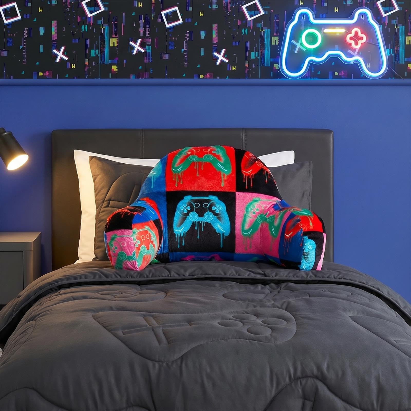 OHS Cuddle Cushion for Kids Neon Controller Check Gaming Pillow with Arms
