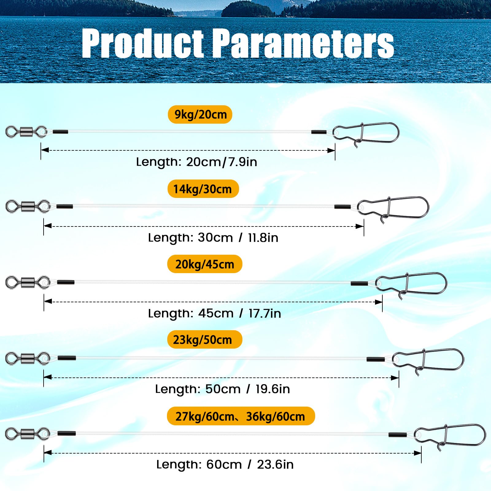 Guoyu 10/20 sztuk fluorocarbon fishing leaders with Swivel and Snap, 100% fluorocarbon Wire for Saltwater & Freshwater Fishing, Ideal for Catching Bass, Trout, Pike and More.