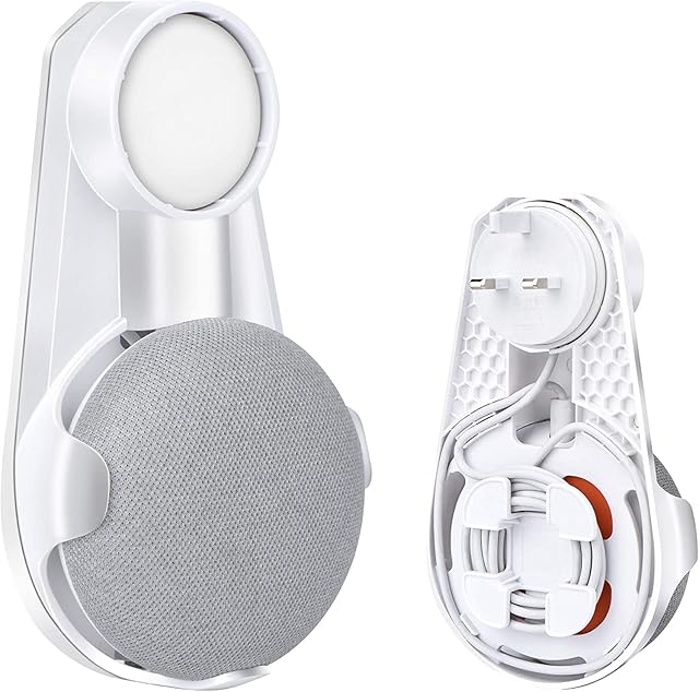 Google Home Mini Wall Mount Holder Compact Holder Plug in Kitchen Bathroom Bedroom Hide the Google Home Mini Cord (White)