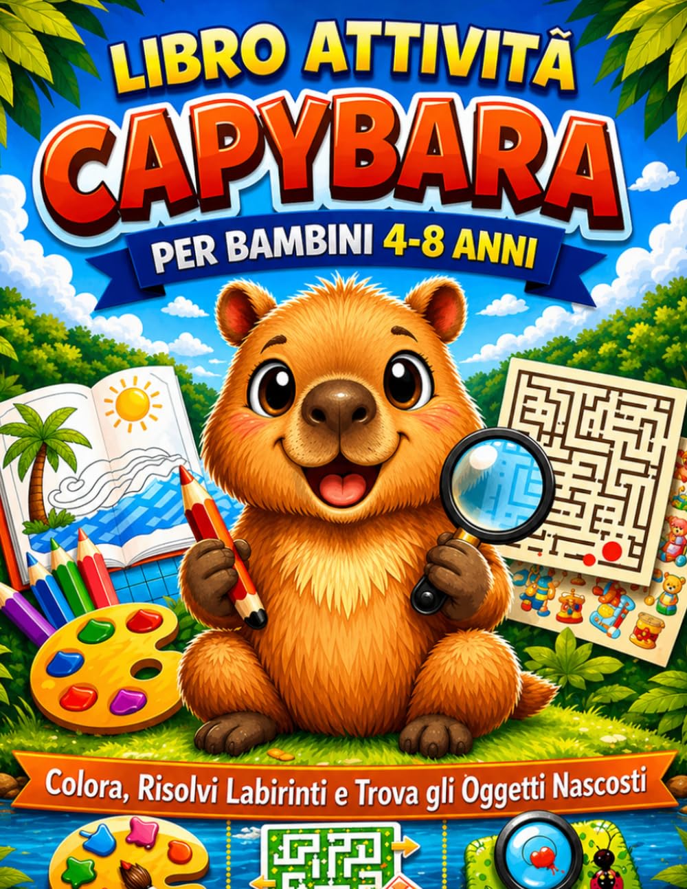 Libro Attività Capibara: Giochi Educativi, Labirinti, Colora e Trova Oggetti per Bambini 4-8 Anni: Un libro gioco rilassante e creativo per imparare divertendosi ogni giorno