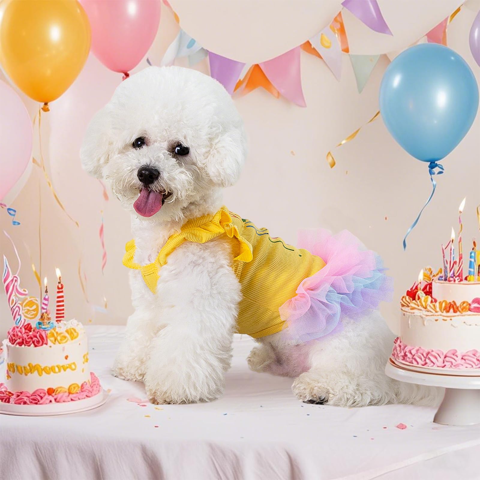 Abito per cani Compleanno Tutù Senza Maniche Volant Gonna Tulle Pizzo Giallo XS 1.8-3kg