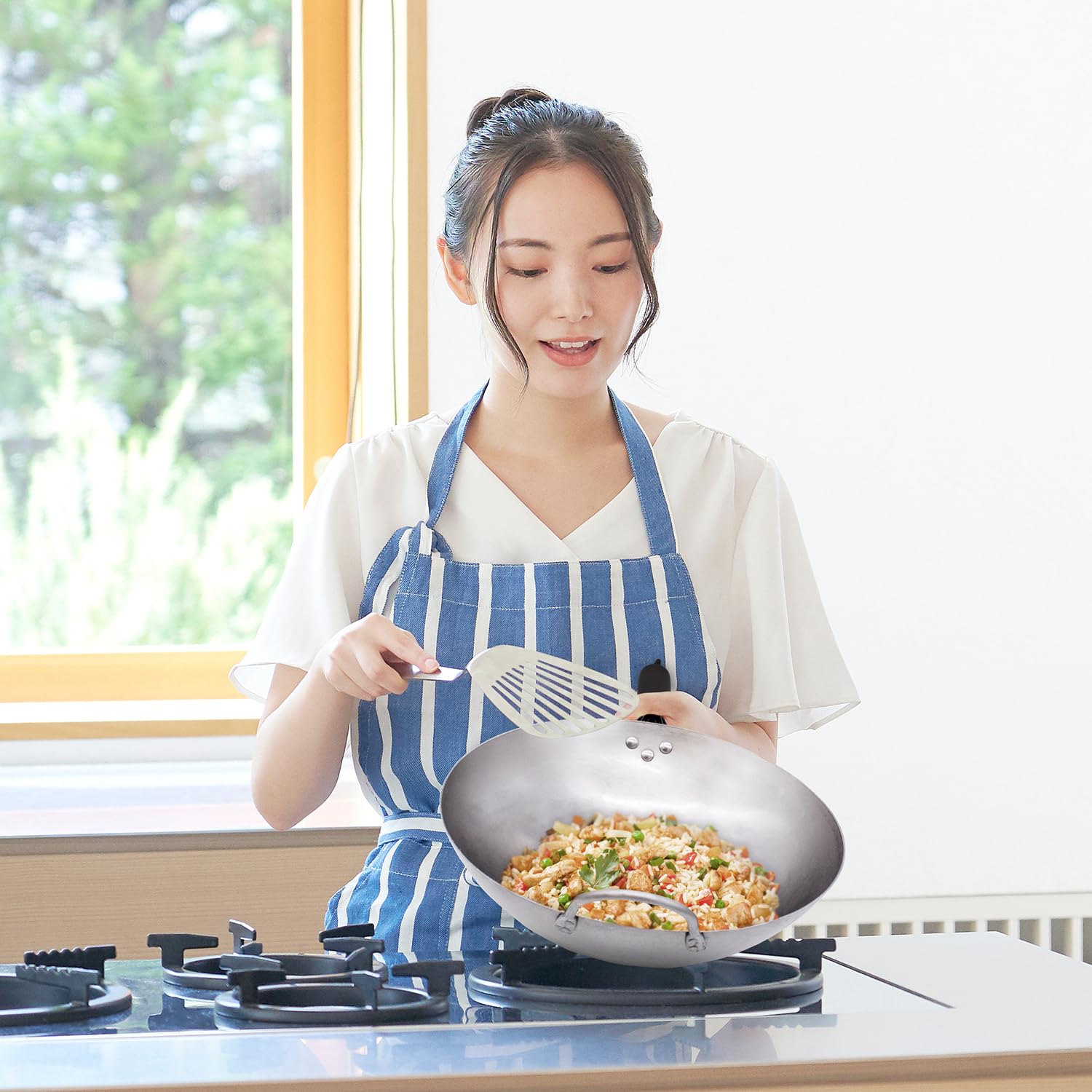 joejis wok en acier au carbone 35 cm – fond rond – poignée en bois amovible – style traditionnel martelé à la main – poêle à frire chinoise robuste