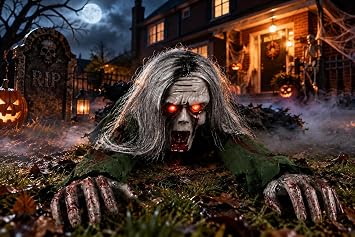 Crawling Zombie Animatronic Halloween Decoration, 110cm Sound Activated Zombie with Glowing Red Eyes, Creepy Sounds & Crawling Motion, Haunted House, Garden, Porch & Party Decor