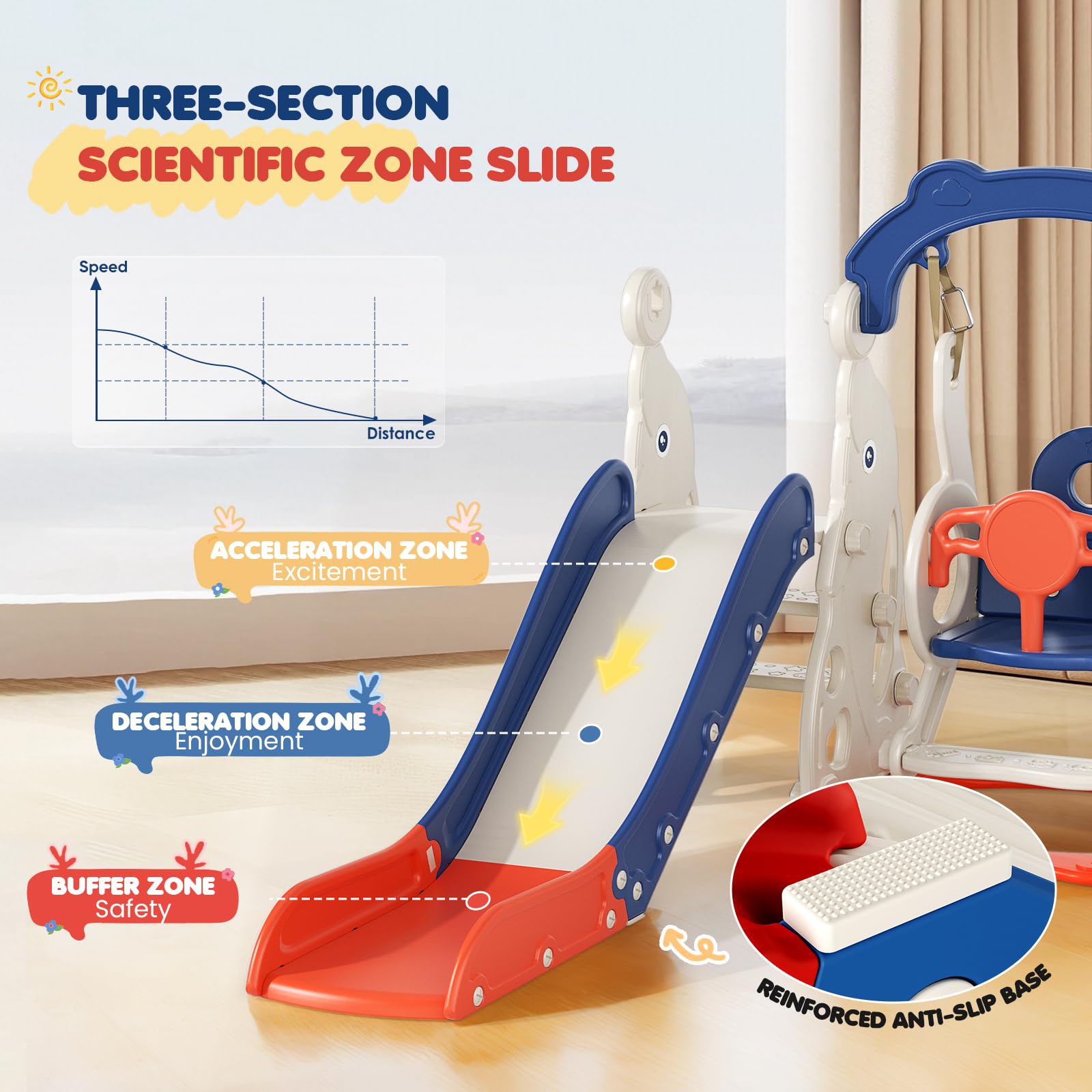 6-in-1-Kinderrutsche für drinnen und draußen, große Kleinkind Rutsche | Basketballkorb,Klettergerüst , Teleskop, extralange Rutschbahnfür 1-5 Jahre，Montessori Baby-Gartenrutschen-Spielset