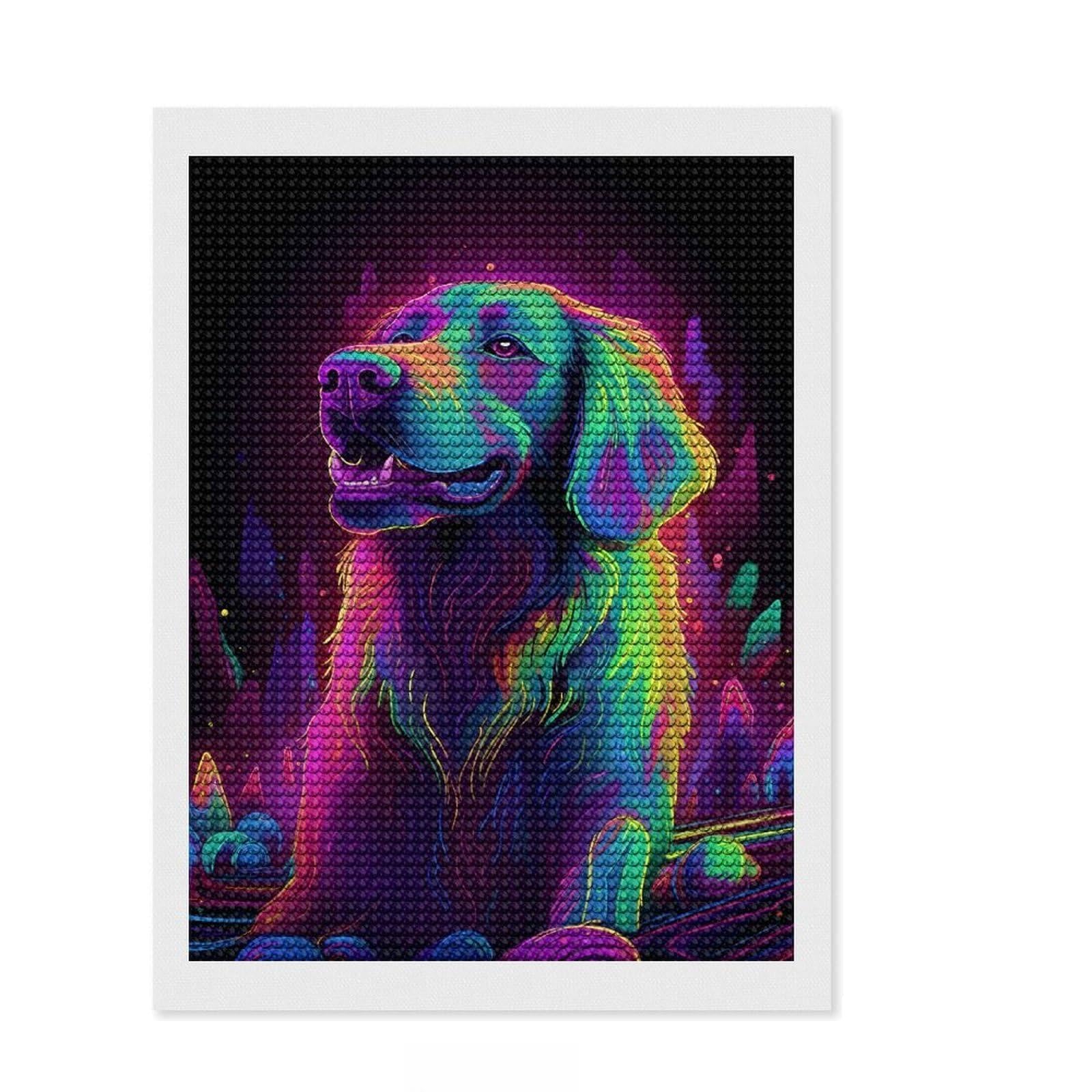Junmoney Neon Dog Diamond Art Canvas 12"x16", Good for Quiet Evenings, Mindful Craft Activity, Office Decor, Gift Idea, with Tool Kit