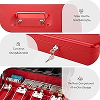 Vista 5 de Jssmst Caja de Efectivo con Bandeja de Dinero y Cerradura - Caja de Efectivo Roja con Cerradura de Llave, Caja de Dinero Segura Grande, Cajón