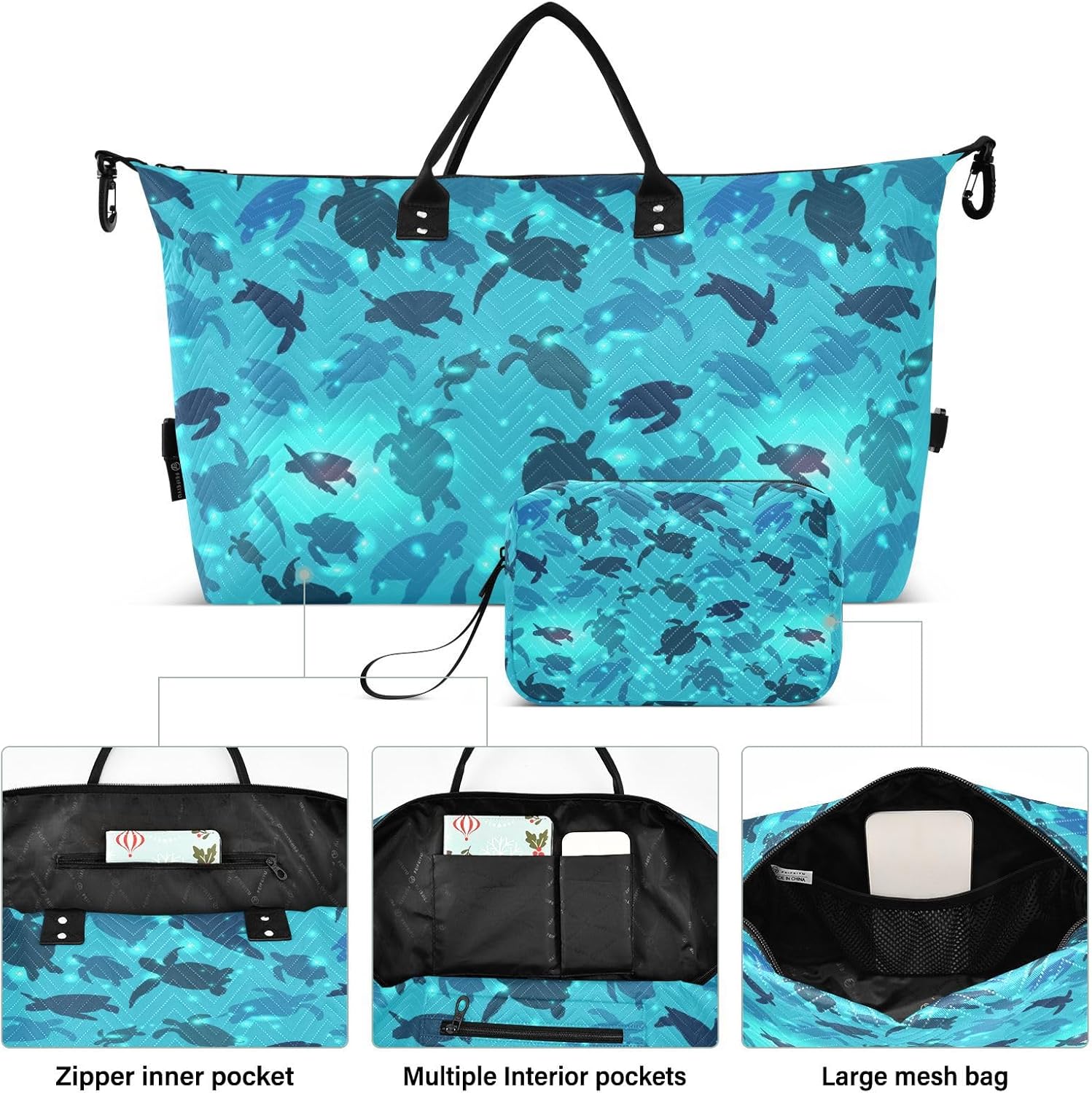Aflyko Travel Duffel Bag Swimming Sea Turtle Aqua Cute Wildlife Sport Tote Gym Bag Weekender Overnight Bag for Men Women Flight Approved Carry On Bag Fitness Dance Go-To Bag Daily Bag