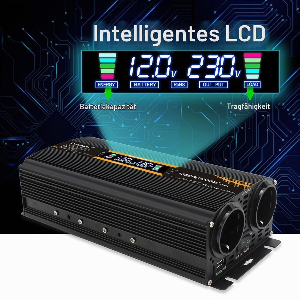 Yinleader 1500W/3000W 12V /24V auf 230V KFZ Spannungswandler-Auto Wechselrichter Auto Spannungswandler KFZ Inverter mit 2 EU Steckdosen und LCD Display Zigarettenanzünder für Auto Wohnmobil Camping