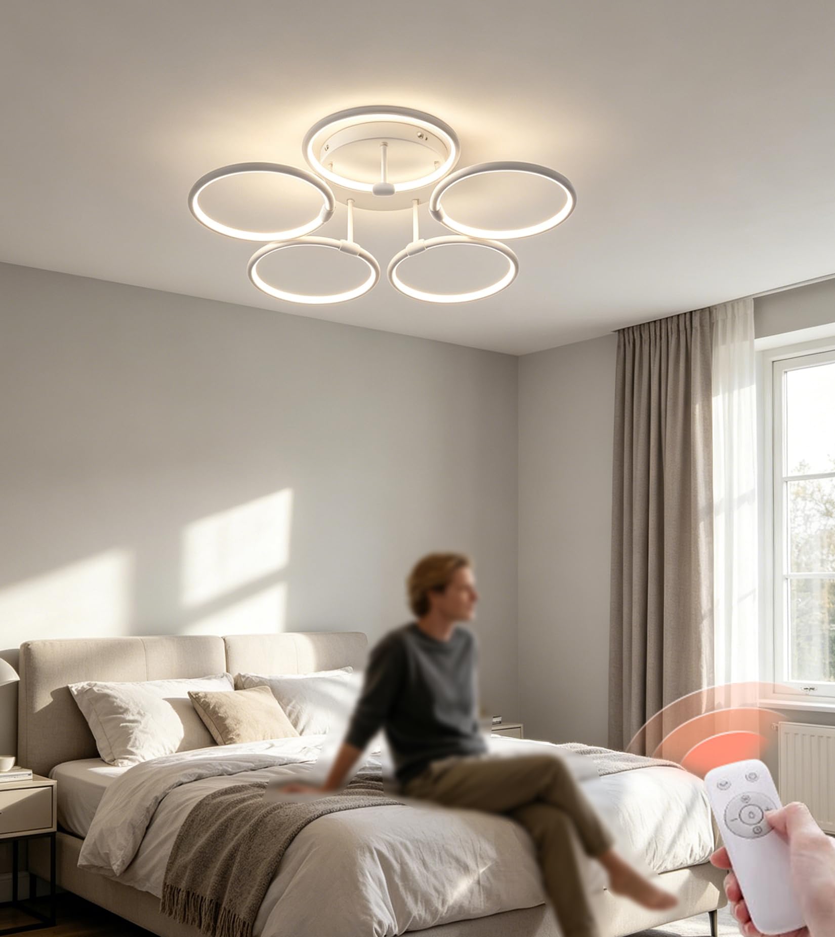 LED White Ceiling Light Dimmable, 5-Flame Ceiling Lamp 70 cm Living Room light With Night Light Function Designer Lighting Ceiling Lighting for Living Room Bedroom Kitchen Dining Room (White, 5-Ring)
