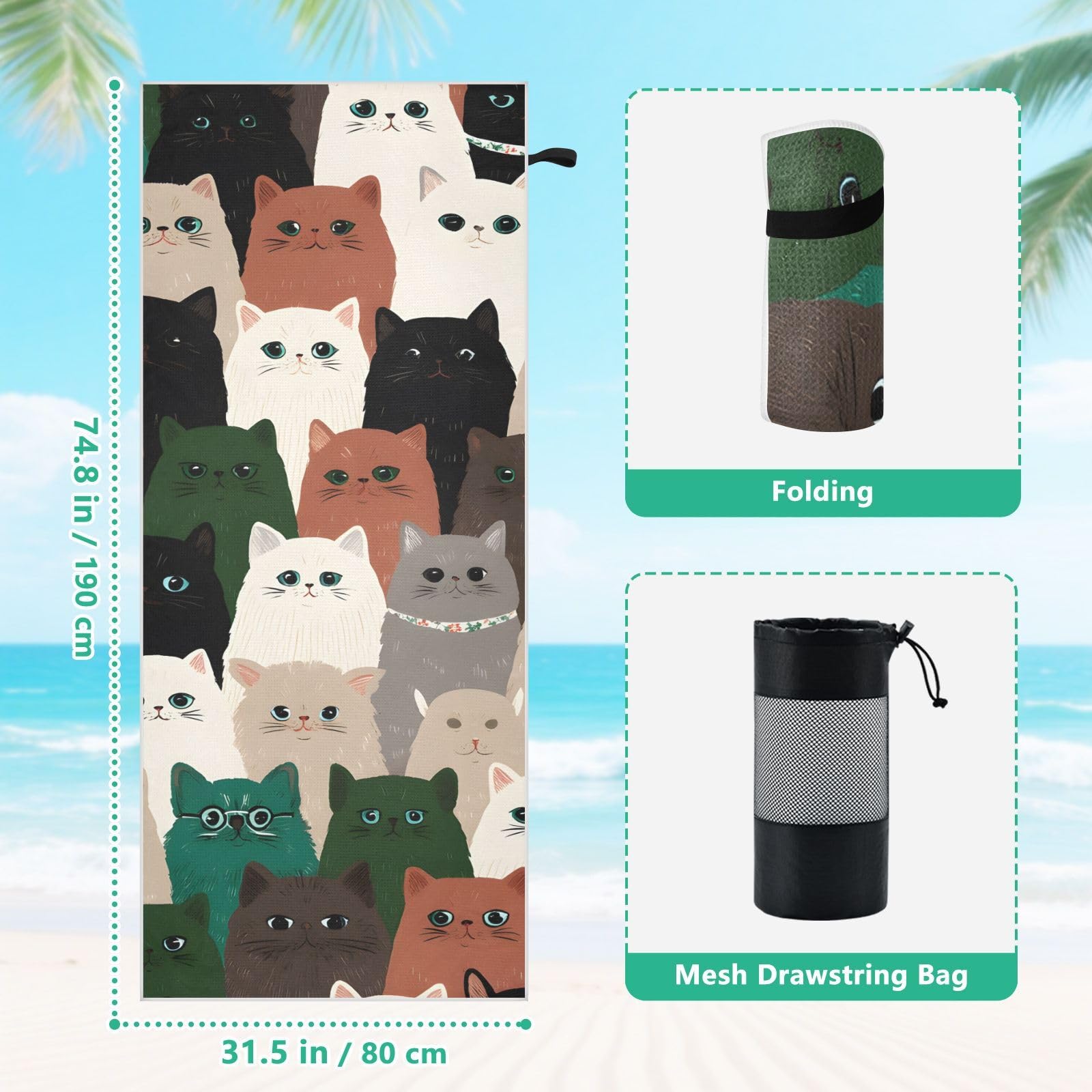 Grandes serviettes de plage avec sacs en maille pour adultes, serviette de bain à motif de chat mignon avec fermeture magnétique, anti-sable, serviette à séchage rapide pour piscine, camping et
