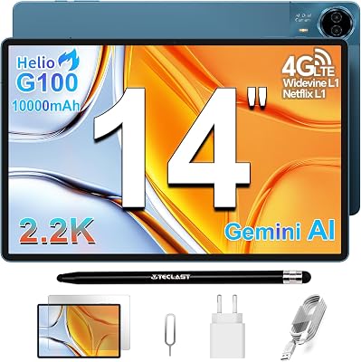 TECLAST T70 Tablet 14 Pulgadas 2.2K Tablet Gaming, Helio G100 2.2GHz Octa-Core, 10000mAh/18W, Dual SIM 4G LTE, 20GB RAM+128GB+8TB TF, 2240×1400/Widevine L1/GPS/13MP/Gemini AI Android Tableta con Lápiz