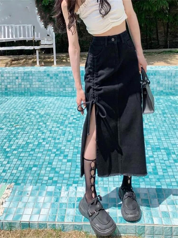 Generic Spring Dstring Denim Skirt for Women Sexy Side Slit
