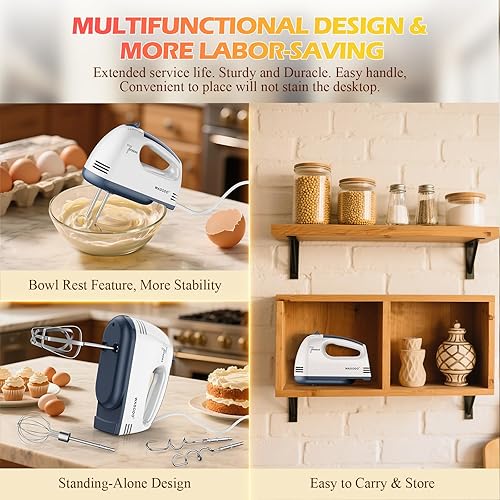 Miniatura 4 de WADODO Batidora de mano eléctrica de 200 W, batidora de mano pequeña de 7 velocidades con batidores de acero inoxidable 304, ganchos para masa y