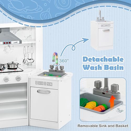 Miniatura 5 de INFANS Juego de cocina esquinera para niños, juego de cocina de madera para niños pequeños con estufa de sonido de luz realista, gabinete de
