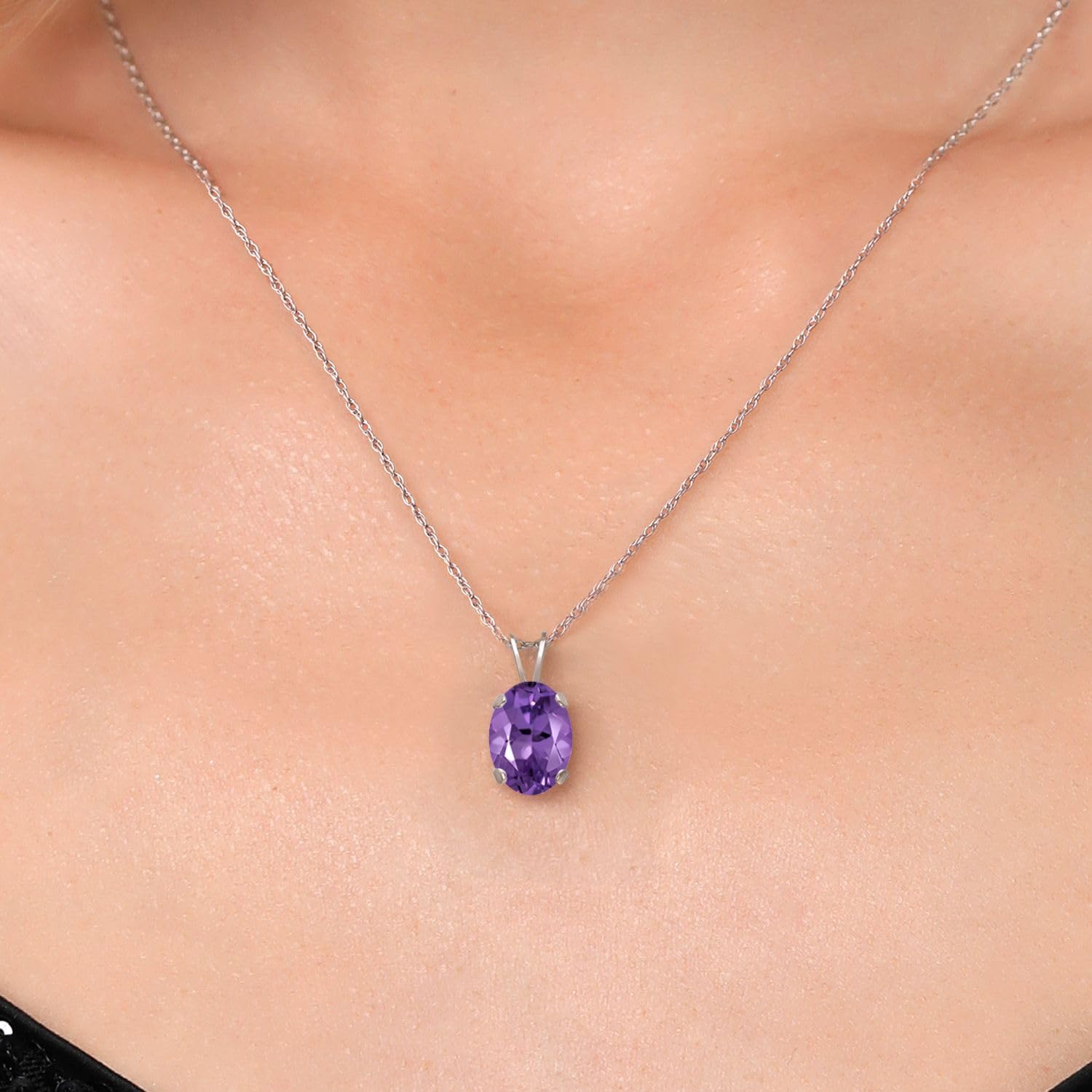 Gem Stone King 14K White Gold Purple Amethyst Solitaire Pendant Necklace For Women | 1.10 Cttw | Gemstone February Birthstone | Oval 8X6MM | With 18 Inch Chain
