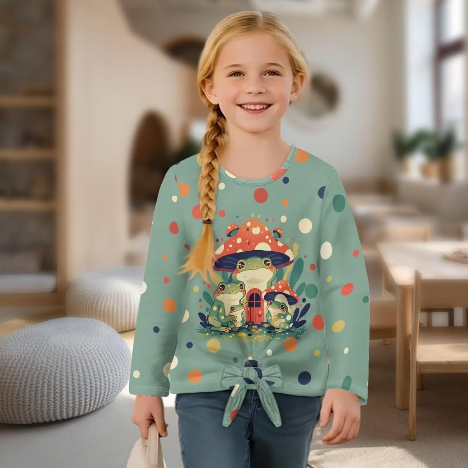 Long Sleeve Crew Neck Shirts Girls Sweatshirt Casual Kids Blouse Soft Tie Front Knot Child Tees Size 5-12
