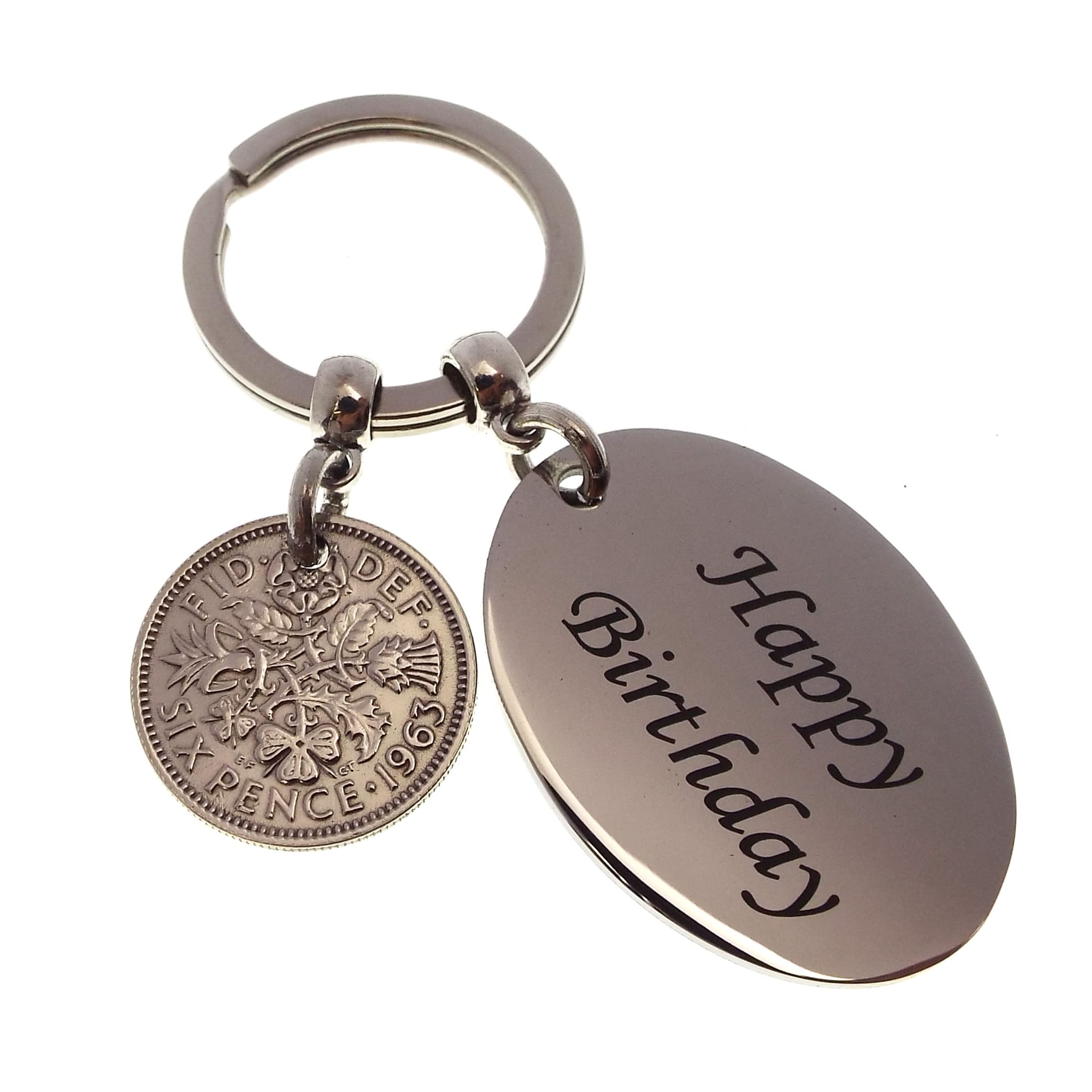 A Silver Dream 1963 HAPPY BIRTHDAY Sixpence Coin Keyring