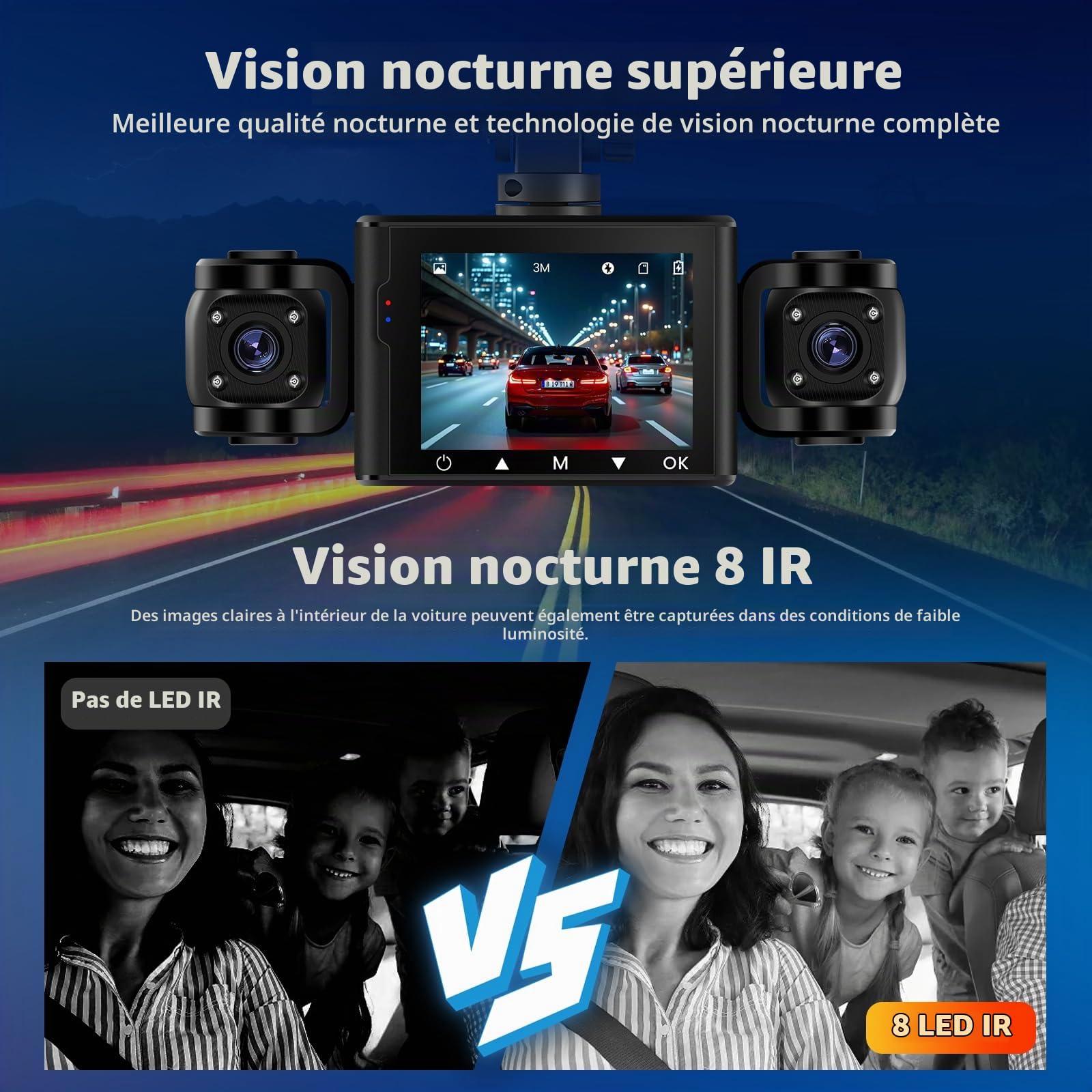 Dashcam Voiture 3 Canaux avec Carte 64Go – Caméra Embarquée Avant & Intérieur, Full HD 1080P, Vision Nocturne, Parking Mode, Détection de Mouvement, Mini Cam Voiture Rotative