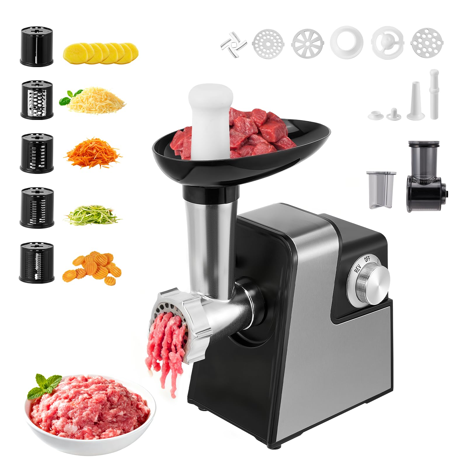 Elektrischer Fleischwolf 2800W, Multizerkleinerer mit Gemüseschneider und Käsereibe, Mandoline mit 5 Aufsätzen, Wurstfüller und Fleischballen-Set, Küchenmaschine zum Hacken Schneiden Reiben