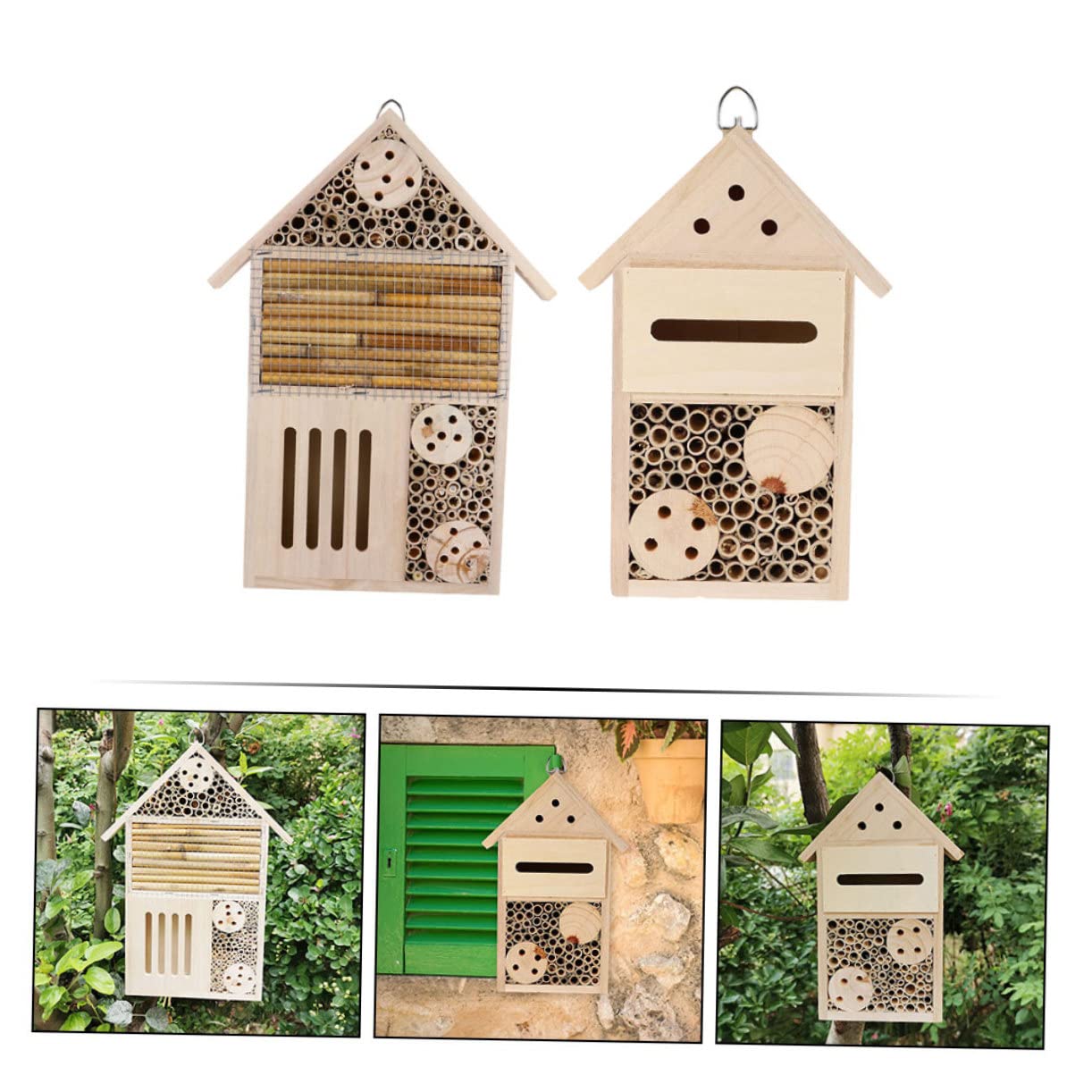 Happyyami 2 Stück Hängendes Bienenhaus für Garten und Terrasse Bienenfreundliches Insektenhotel mit Glatter Oberfläche und Sicherem Dach Wildbienen und Marienkäfernest von Bestäubung