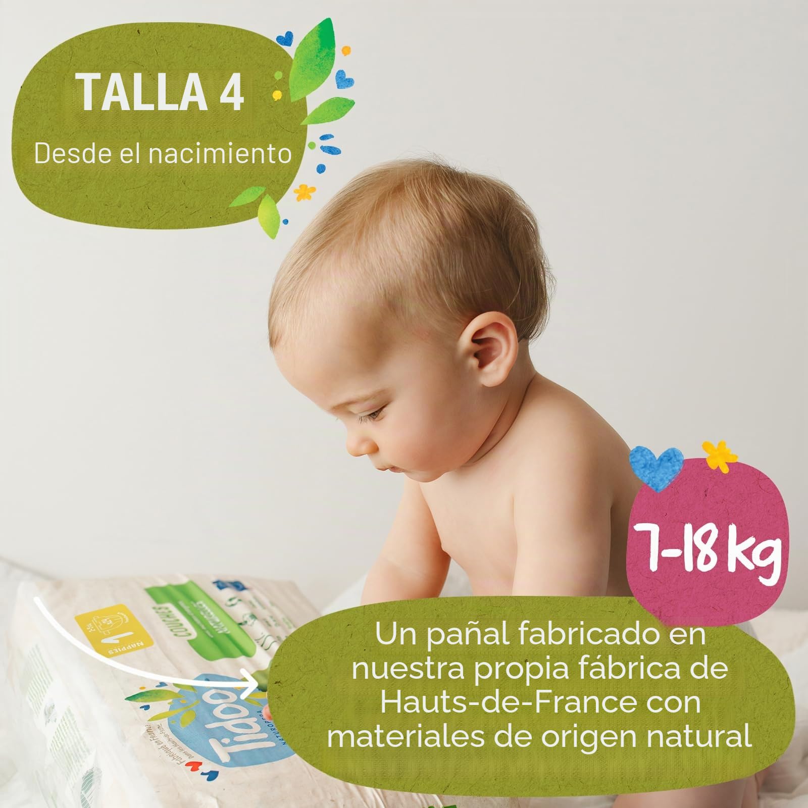 TIDOO - Pañales ecológicos para bebé, diseño de composición natural, apto para pieles sensibles, 3 x 44 pañales, 3 x 18 kg