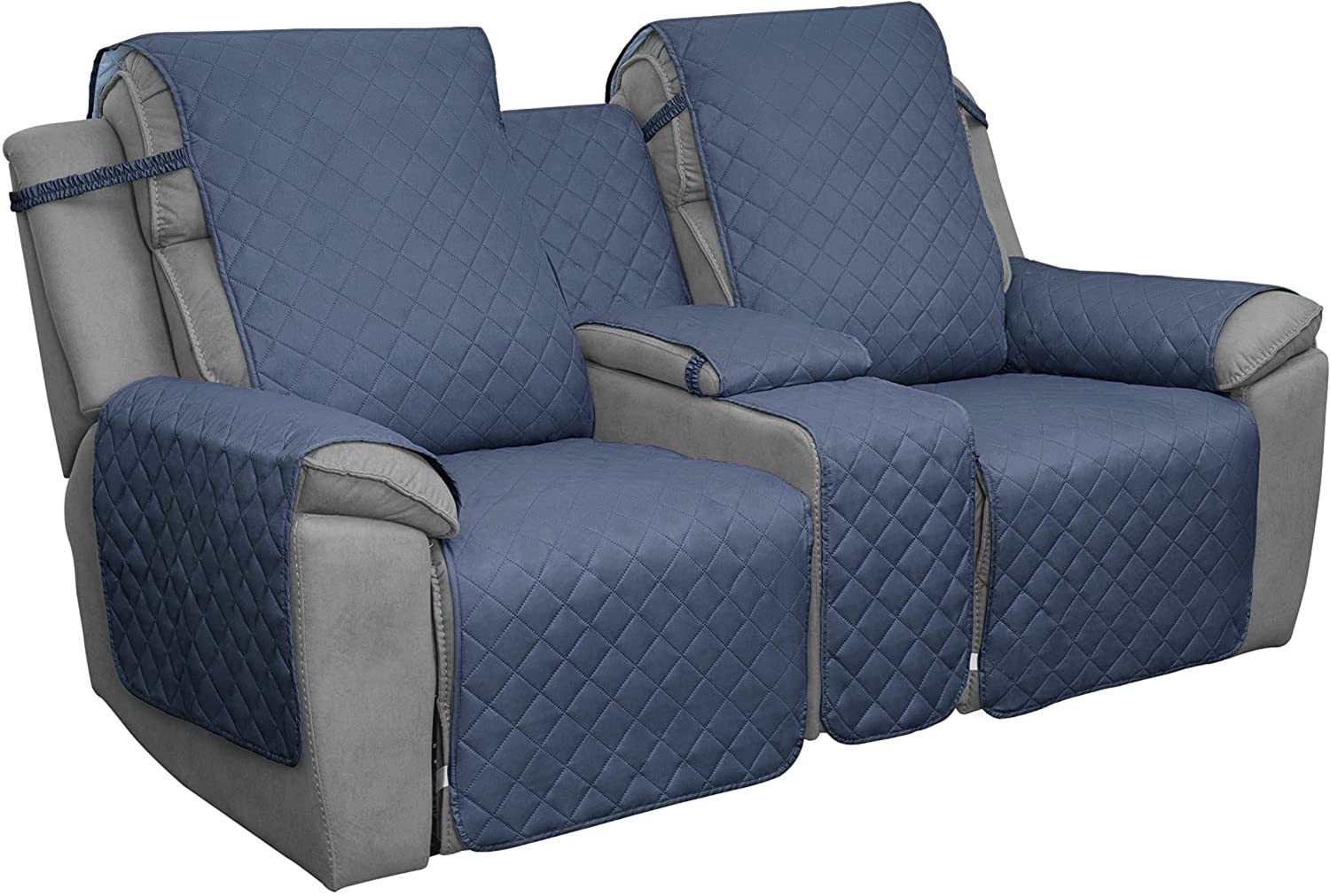 LINFKY Recliner Loveseat Covers with Middle Console, Quilted Couch Cover for Living Room, Split Sofa Cover for Each Seat with Elastic Straps for Pet Dog Furniture Protector (Bluish Grey)