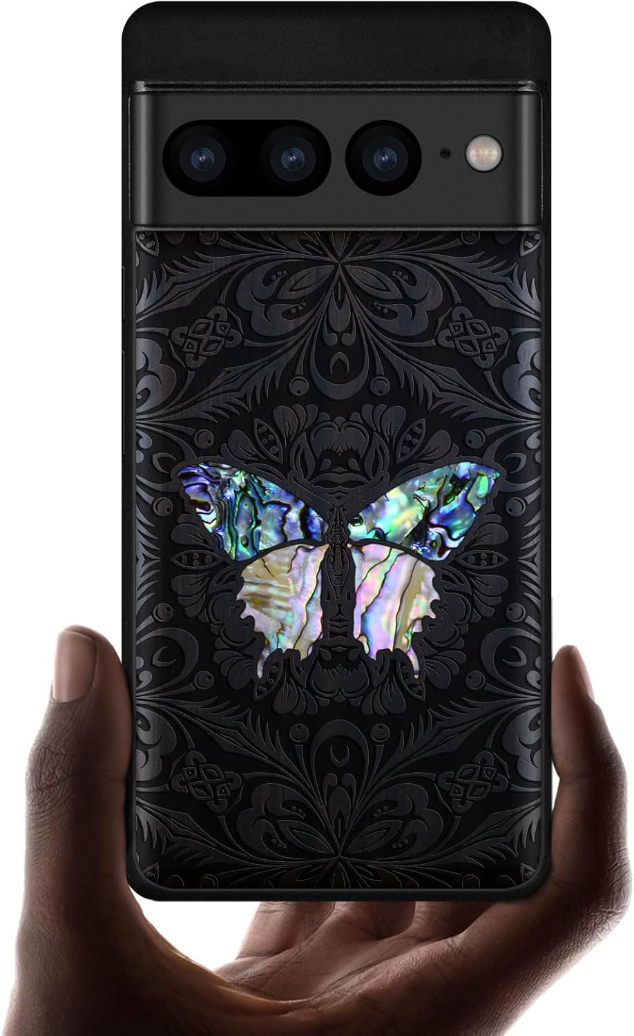 Carveit Designer Wooden Case for Google Pixel 7 Pro Case [Wood Engraving & Shell Inlay] Compatible with Wireless Chargers Pixel 7 Pro (Baroque Butterfly-Rosy)