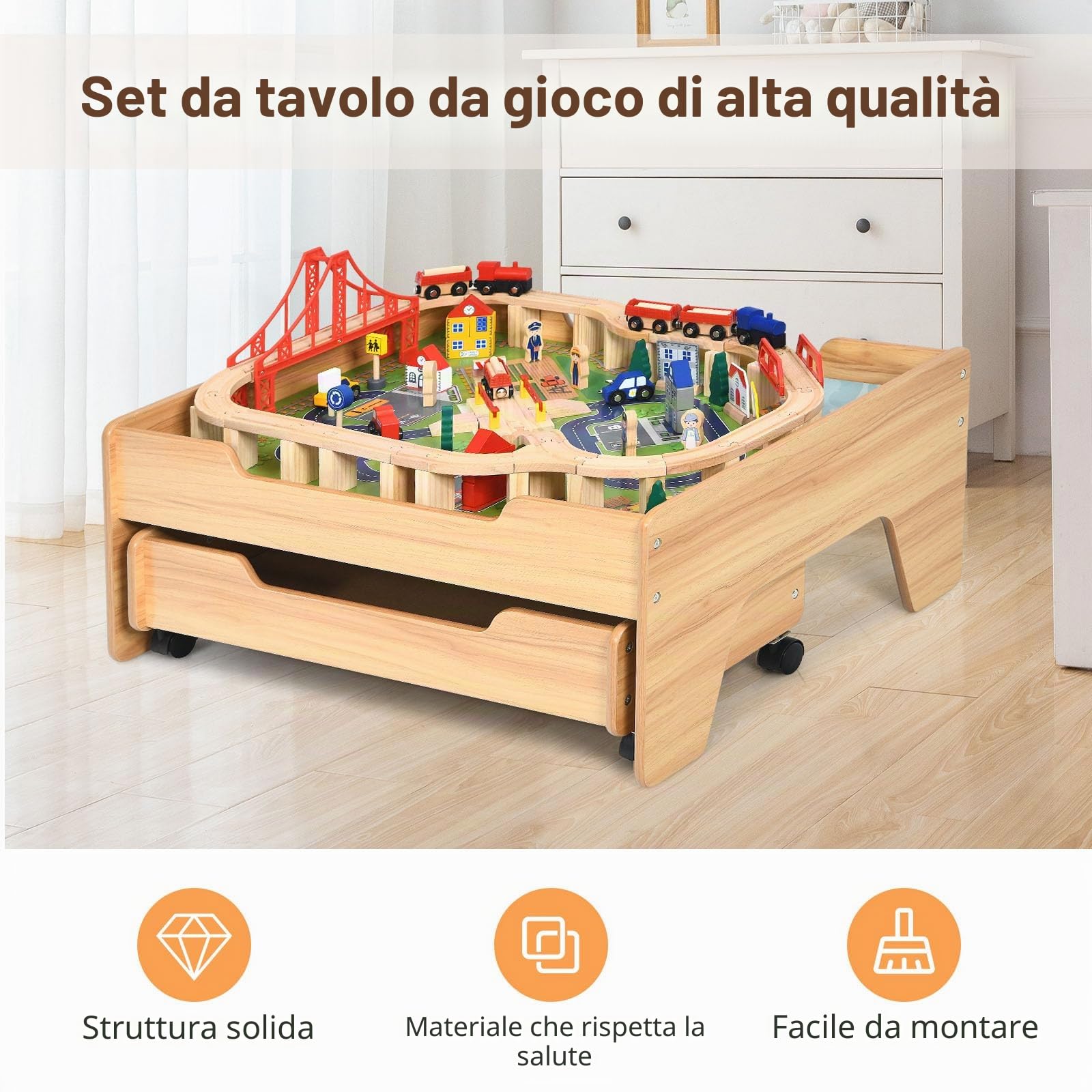 LIFEZEAL Tavolo da gioco ferrovia legno, set 100 pezzi, cassetto portaoggetti mobile, multifunzione 3 anni, costruire