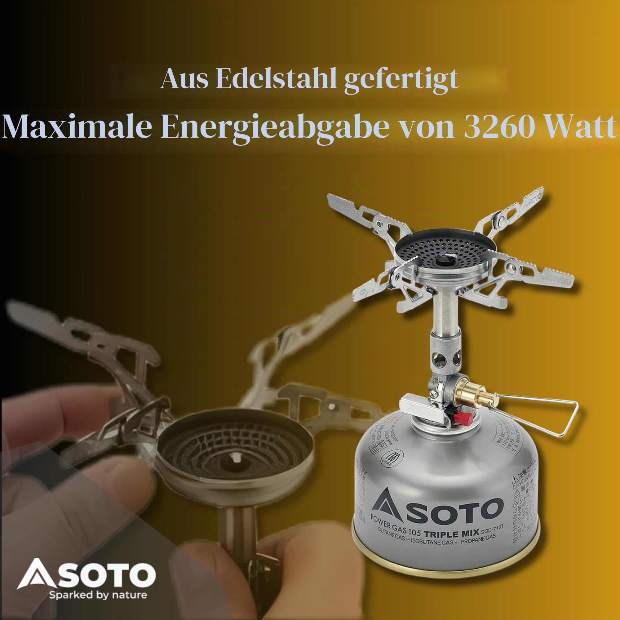 SOTO WindMaster Gaskocher mit Windschutz, ultraleicht 87 g, 3260 W | Erhöhter Rand am Brennerkopf schützt vor Wind; Micro Regulator für Kälte; leise; Piezo-Zündung; inkl. 4Flex; für Camping