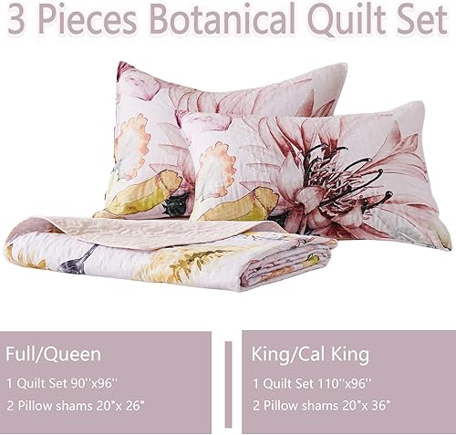 Miniatura 6 de Yogeneg Juego de edredón de tamaño matrimonial y queen, elegante juego de ropa de cama rosa con patrón botánico floral de 3 piezas, colcha de verano