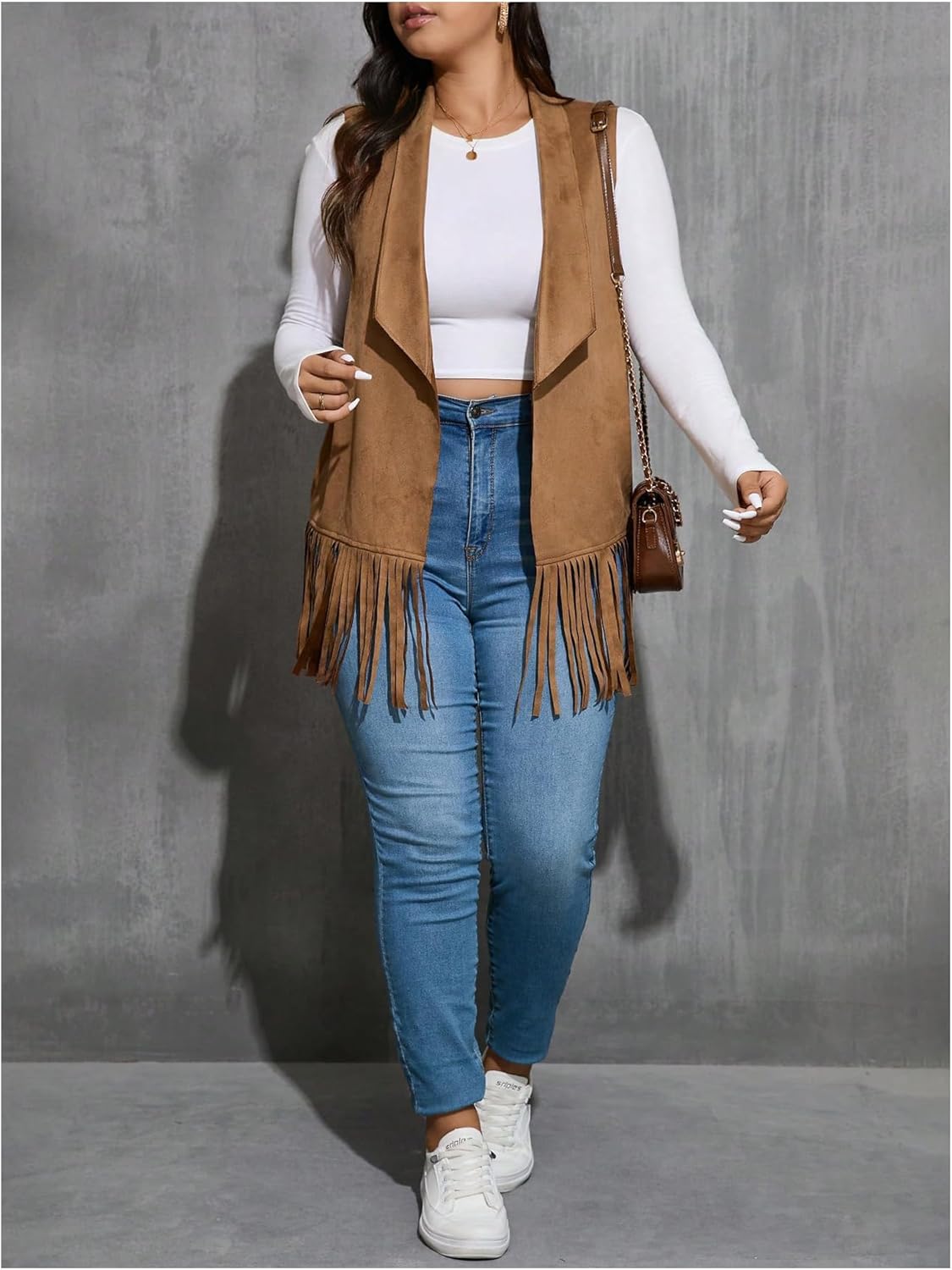 Women's Plus Size Fringe Suede Vest 70s Hippie Faux Western Jacket Tassel Sleeveless Cardigan - Image 3