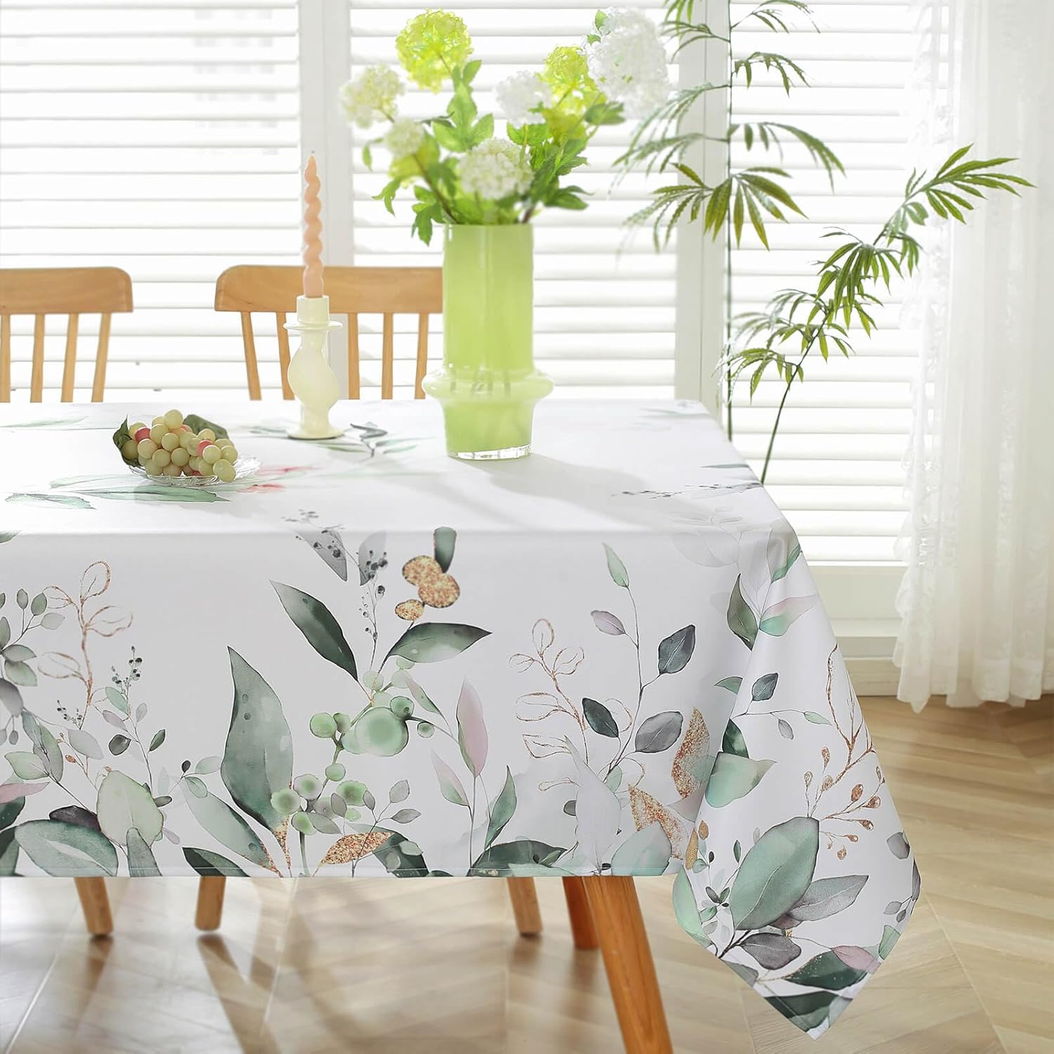 Honellaty Spring Summer Tablecloth Rectangle, Watercolor Eucalyptus Leaves Table Cloth, Stain Resistant Wrinkle Free Table Cover for Party Picnic Daily Use(60×102 inch)