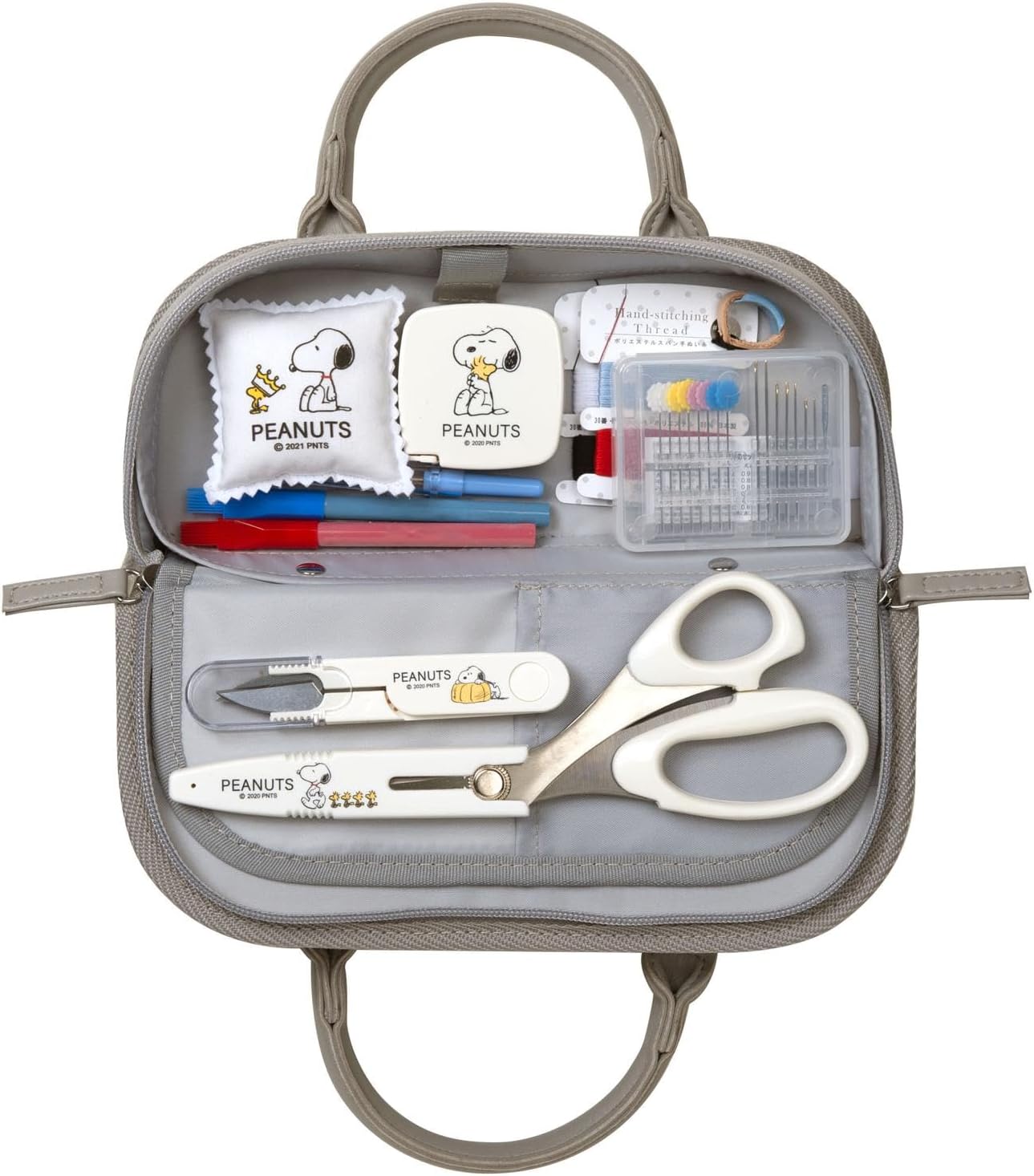 Misasa Snoopy Peanuts Sewing Set, Round Type, Craft Bag, for School, Teaching Materials, Classroom, Left, 7.9 inches (20 cm), Scissors Type, Gray No. 8654