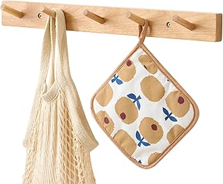 Hickory Wood Coat Rack Wall Mount 20 inches, Wooden Coat Hooks with 5 Hooks Coat Hanger for Hanging Hat Jacket Purse, Wall Hooks for Entryway, Bathroom, Bedroom, Natural