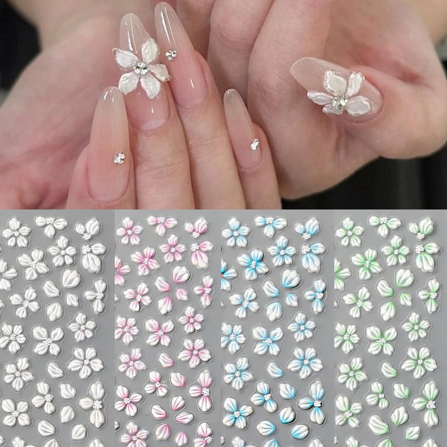 S.A.V.I 4 Sheets - 3D Floral Nail Art Stickers – Pearl White & Pastel Pink Blue Acrylic Flower Designs, Self-Adhesive Sheets 7×9 cm for DIY Salon-Style Nails at Home-image-36