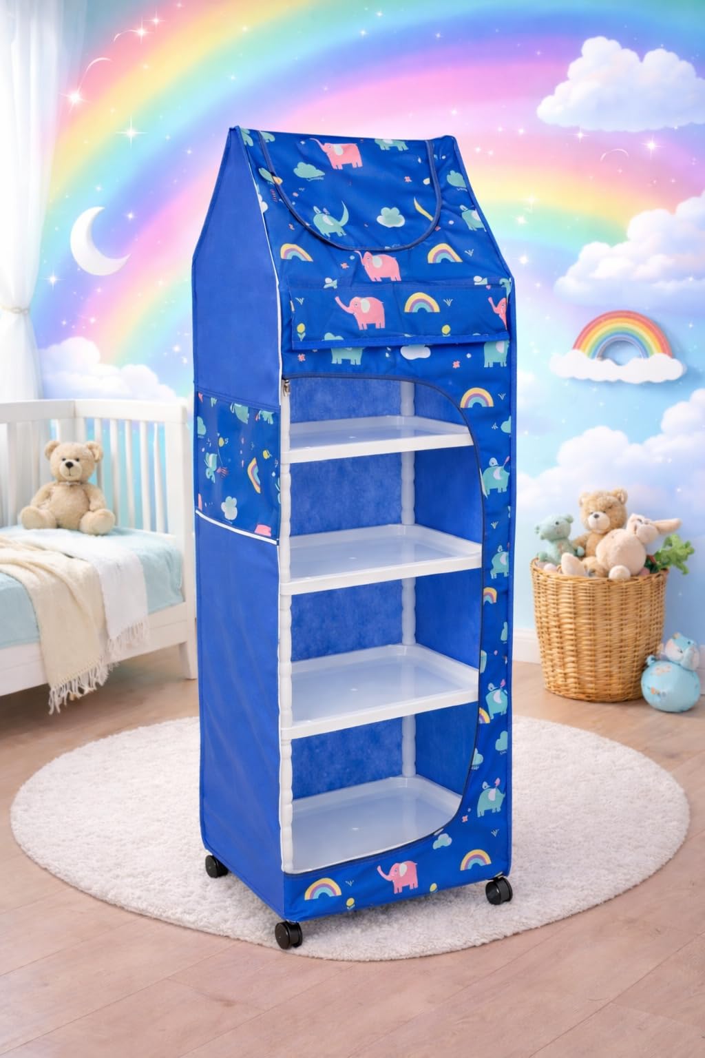 YouCopia Baby Wardrobe Plastic Kids Storage Rack with Fabric Cover & Wheels | 6-Tier Plastic Shelves Organizer | Toy, Book & Clothes Storage Cabinet for Kids Room (Elephant-Blue)-picture-10