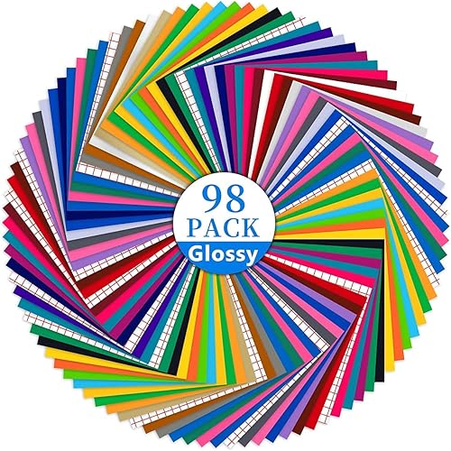 Permanent Vinyl for Cricut - 98 Pack Permanent Self Adhesive Vinyl Sheet(12" x 12") Include 10 Transfer Paper for Birthday Party, Christmas DIY, Craft Cutters