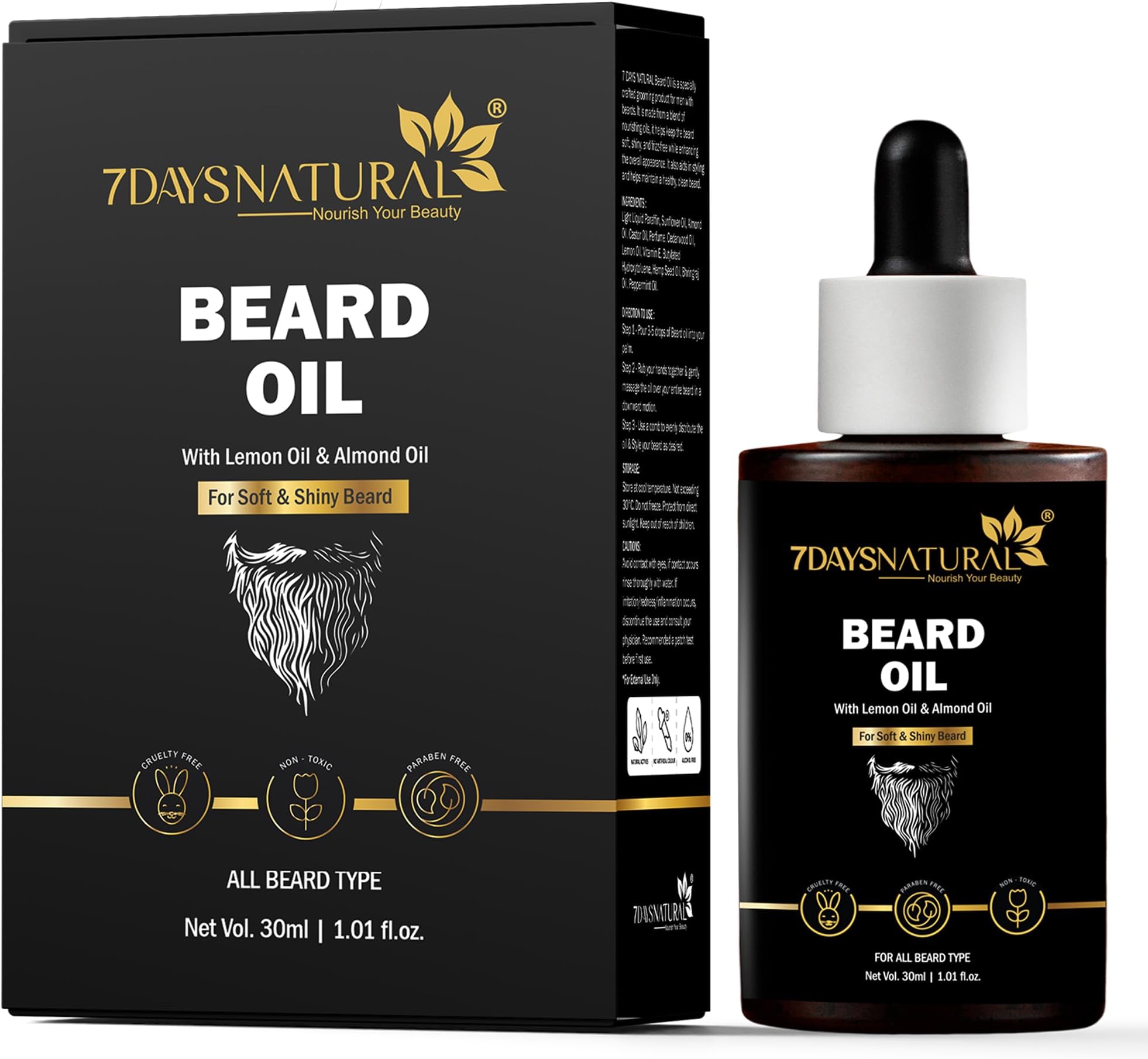 7DAYSNATURAL Advanced Beard Oil 30ml with Lemon Oil & Almond Oil, Nourishing Beard Conditioning Serum for Men, For Soft & Shiny Facial Hair