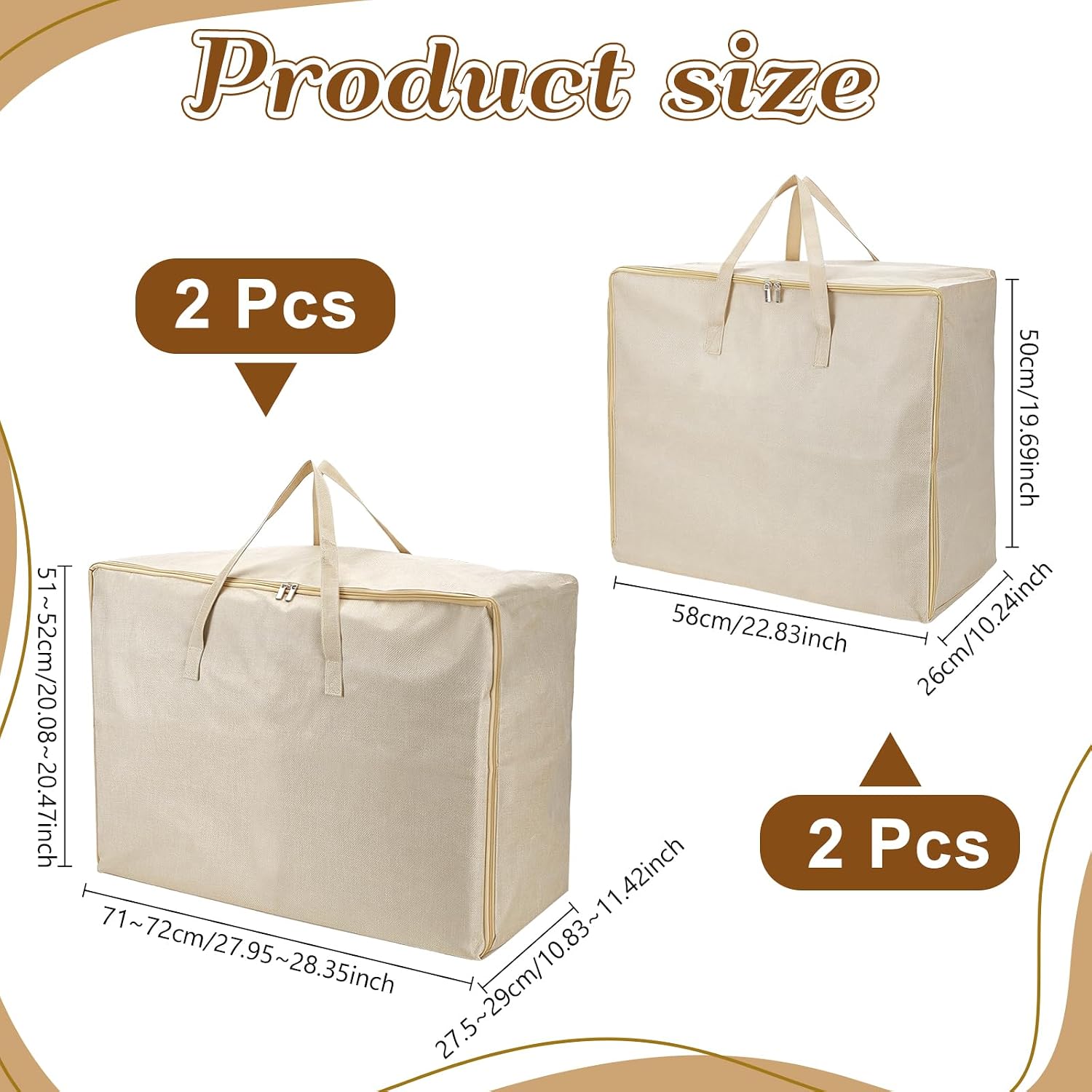 4PCS Large Storage Bags with 2 Sizes Cotton and Linen Closet Organizers Storage with Reinforced Handle Comforter Organizer for Blankets Comforters Bedding Clothes Pillows (Beige)