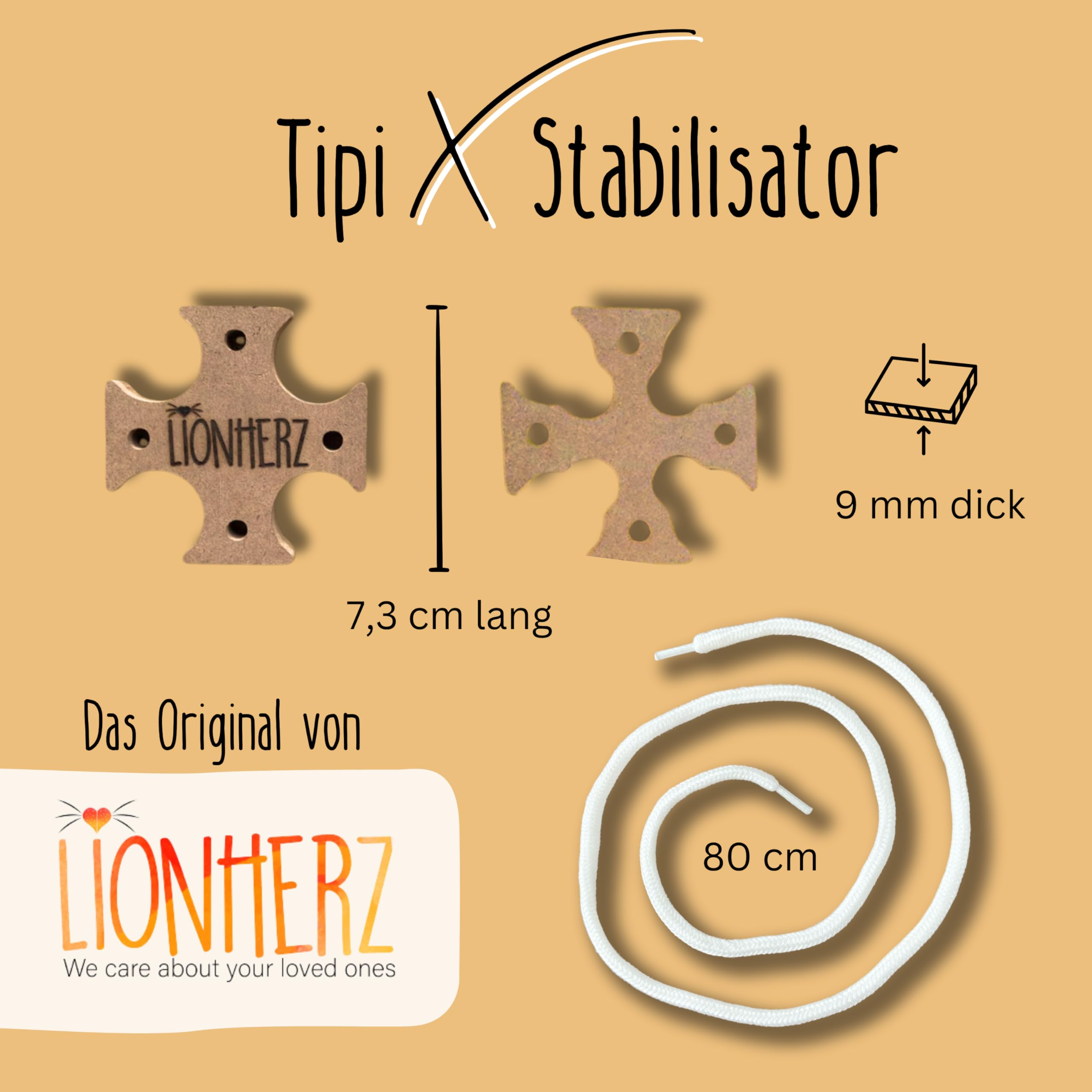 LIONHERZ® Tipi X - Stabilizzatore per tenda [Sistema anti-collasso] Stabilizzatore per ogni Tipi con 4 aste | Accessori per Tippi | 2 parti in legno più corda, senza piccole parti ingeribili per un