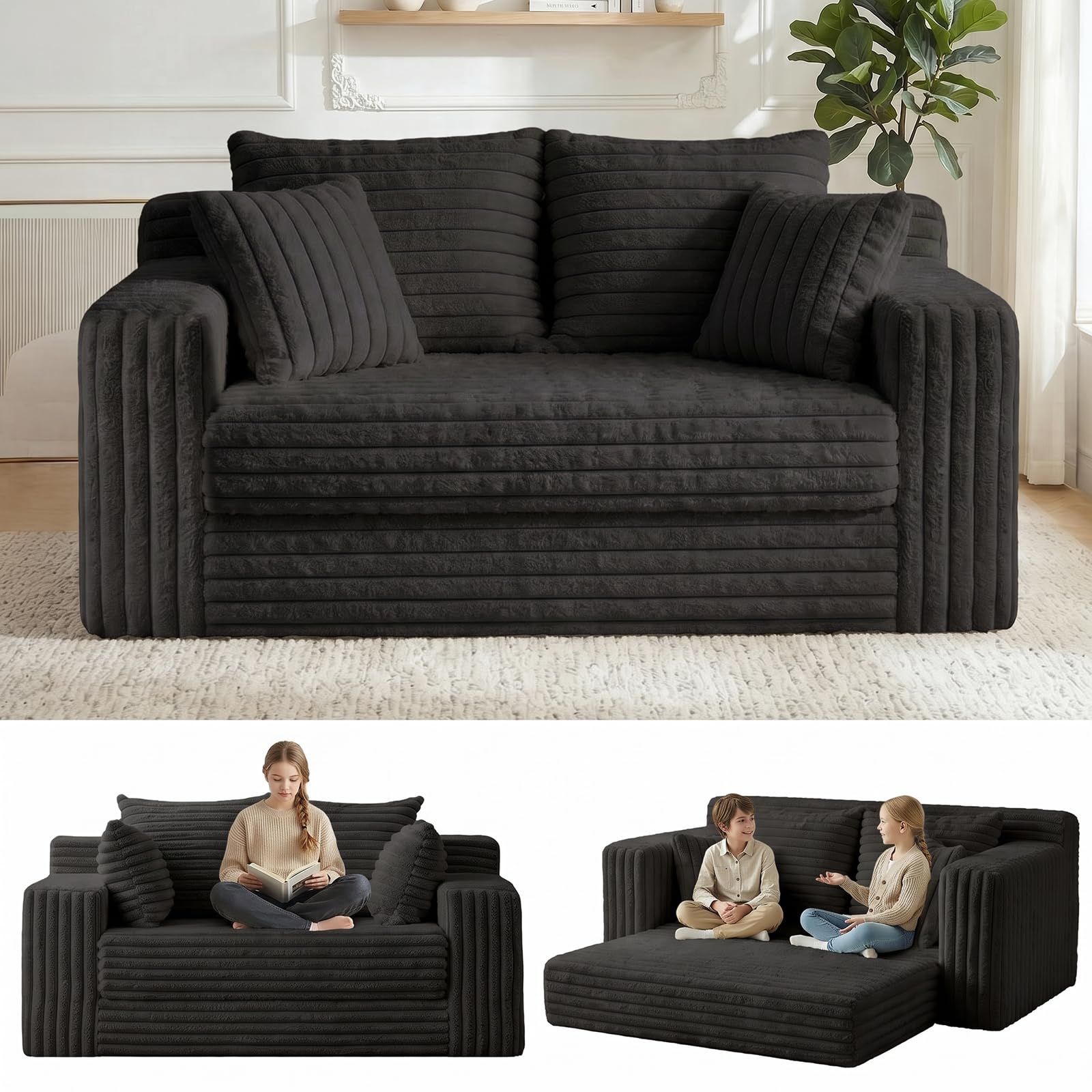 Photo 1 of Winzoo 3-in-1 Convertible Sofa Bed: Boneless Loveseat Sleeper & Folding Couch Bed with 4 Pillows & Detachable Cushion,Furry Futon Couch for Bedroom,Apartment,Office and Living Room, No Assembly,Black