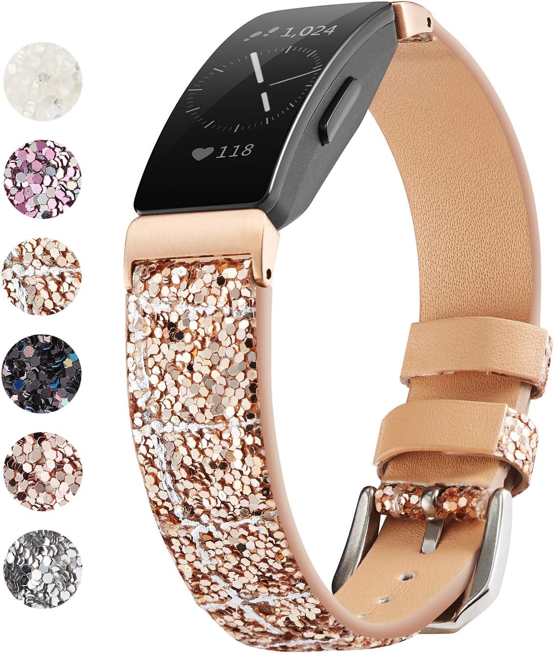 Compatiable Fitbit Inspire Bands/Fitbit Inspire HR Band, 3D Glitter Bling Leather Band Replacement Accessories Wristband for Fitbit Inspire/Inspire HR Fitness Tracker (Rose Gold+Silver Line)