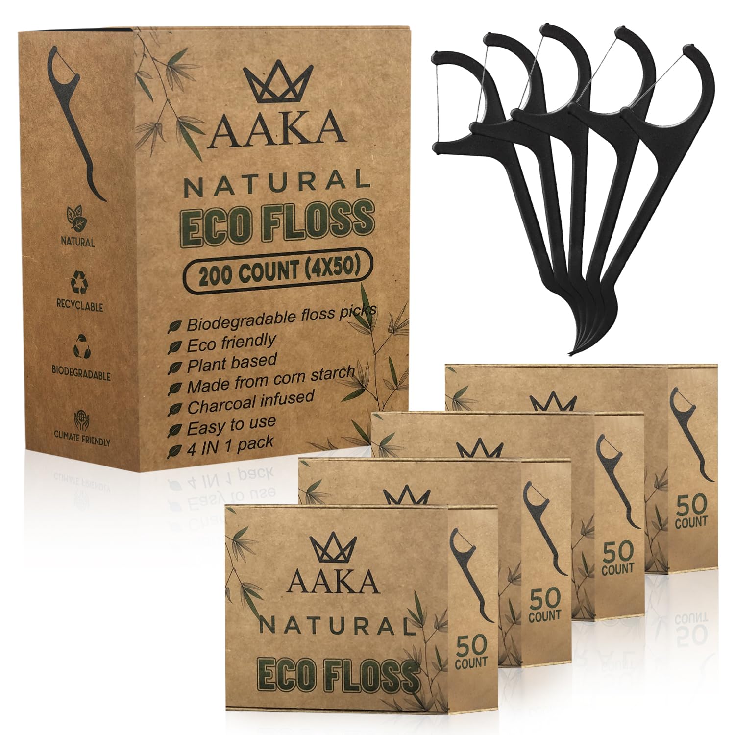 Biodegradable Dental Floss Picks- Plant Based- Eco Friendly Oral Care with Vegan Floss & Tooth Picks Soft on Gum and Teeth. 4 Pack in a Box (200 Count)