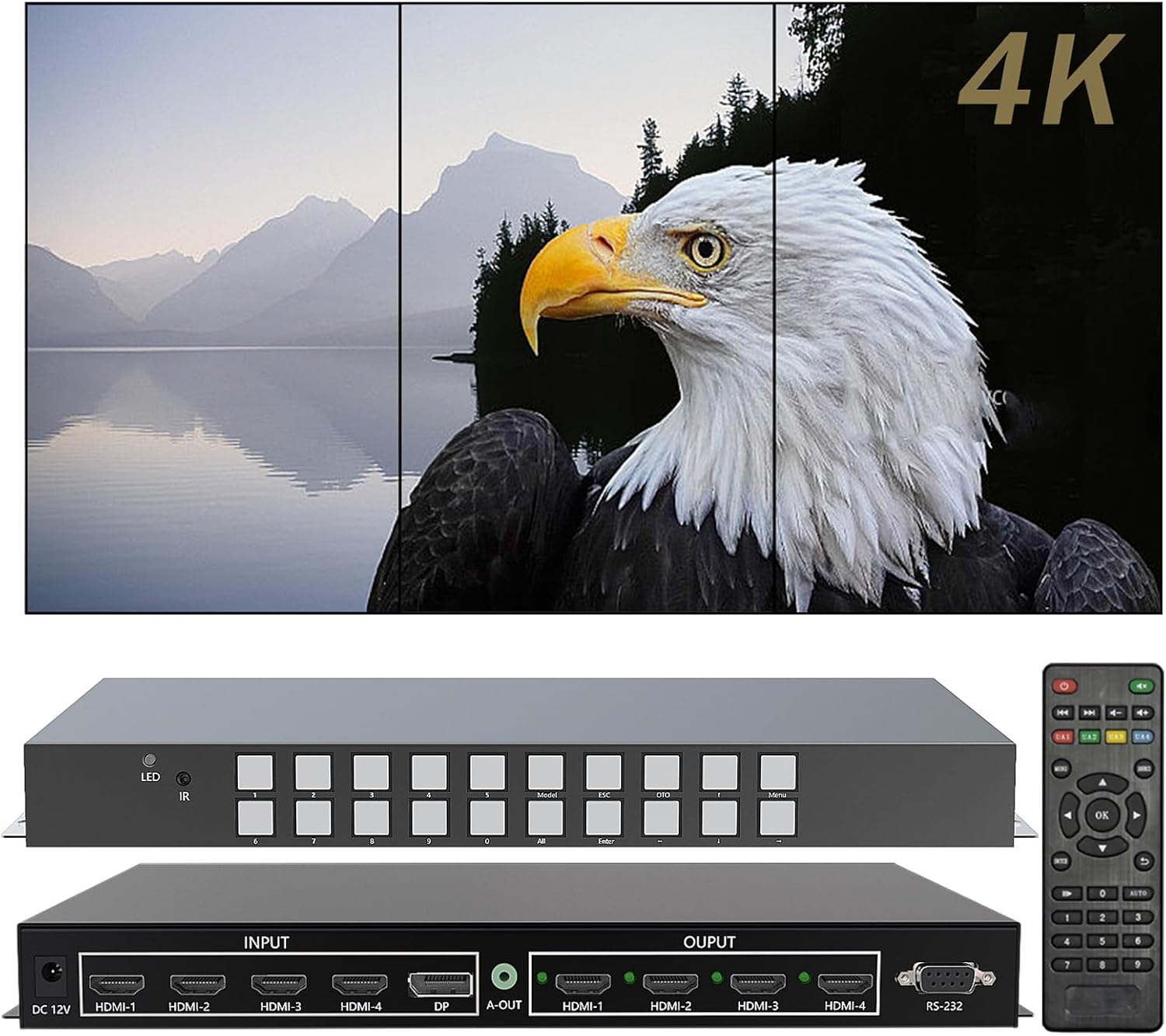 ICUIXIAN 1x3 Video Wall Controller Vertical 90°-180°-270° Rotation Video Wall Controller 3x1, 1x3, 2x2, 1x1, 2x1, 1x2 Vertical Mode Support 4K60Hz, Rs-232, 18Gbps, HDMI2.0, 24-Bit video wall processor